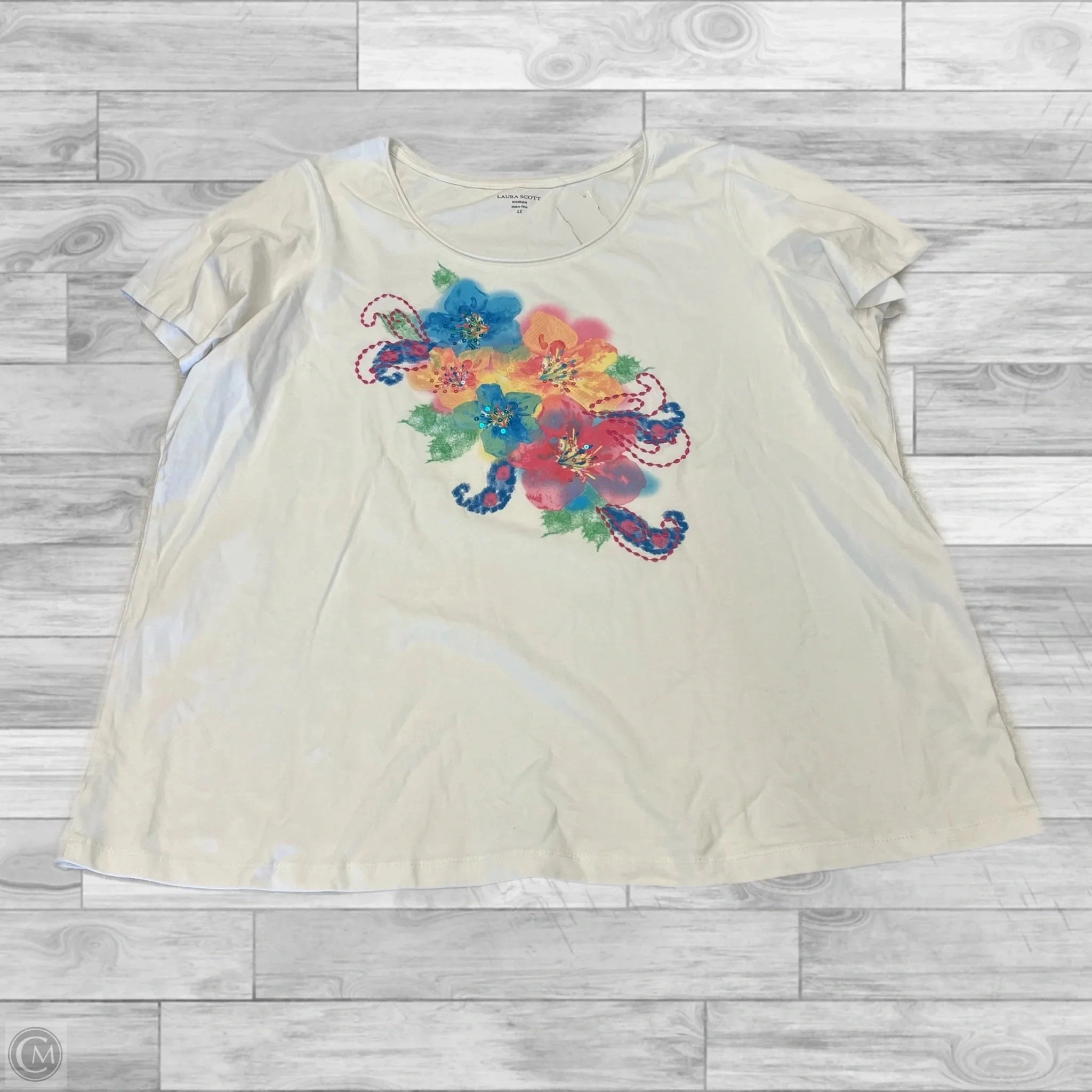 UV protection layer Top Short Sleeve By Laura Scott In Floral Print, Size: 2x