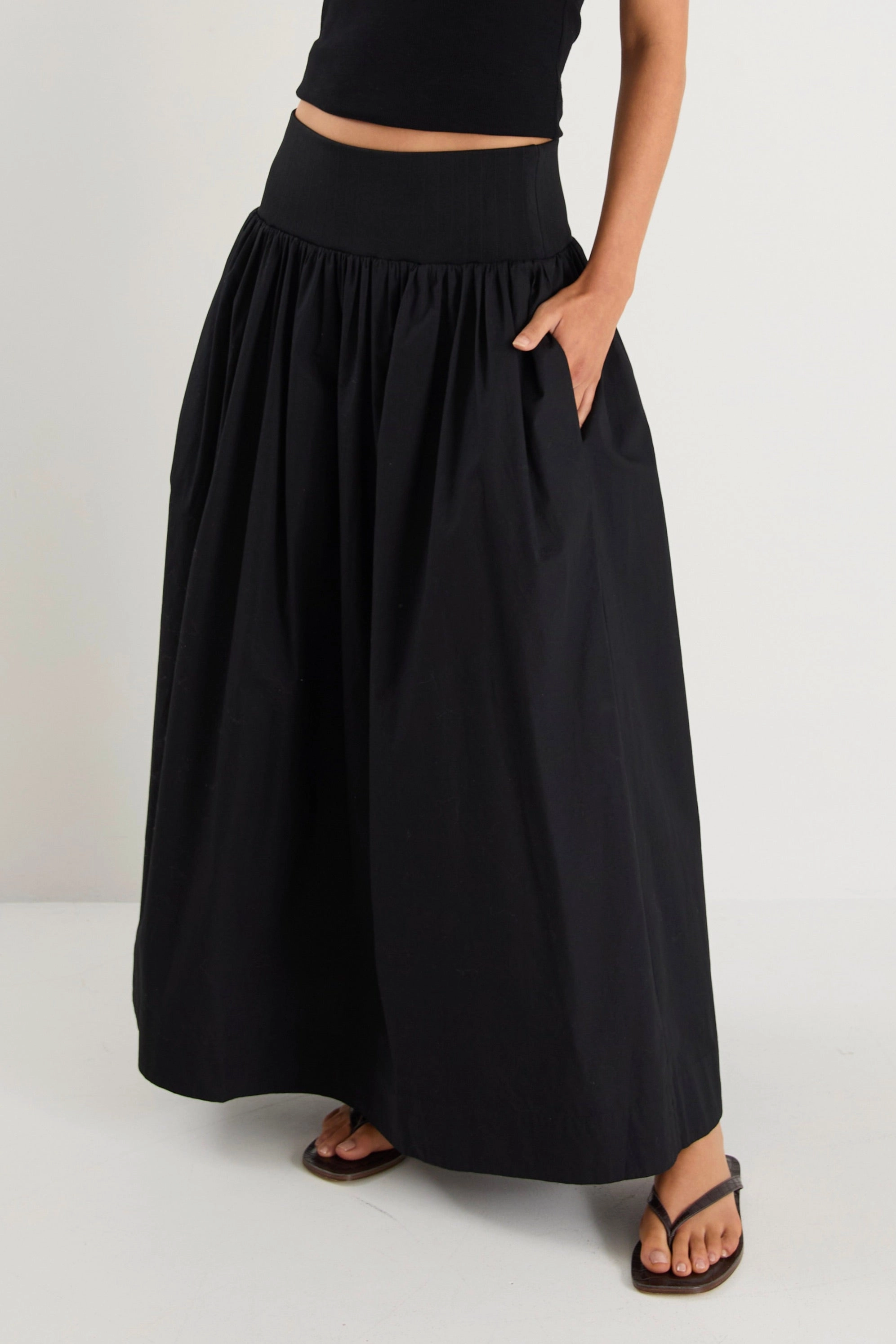 Soft Combo Wool blend Tallow Black Poplin Rib Waist Maxi Skirt