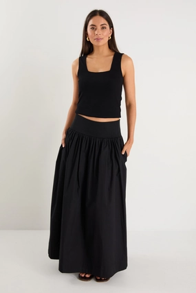 Simple Outfit Polished Look Tallow Black Poplin Rib Waist Maxi Skirt