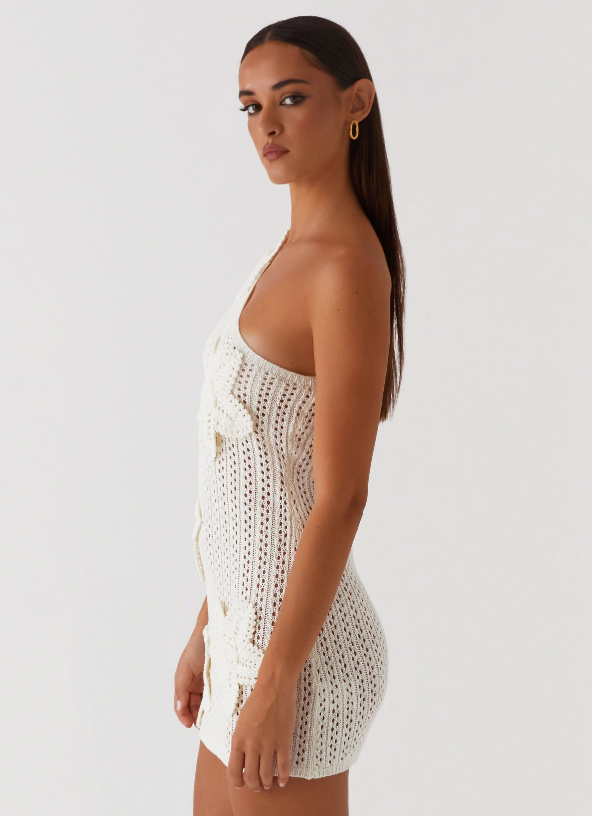 Afterglow One Shoulder Crochet Mini Dress - Ivory Move Free