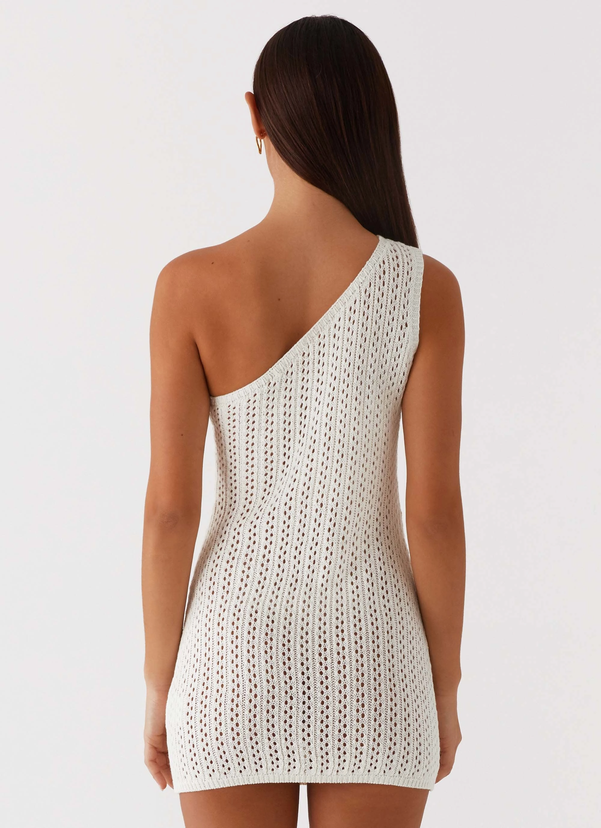 Afterglow One Shoulder Crochet Mini Dress - Ivory Fresh Flow Figure-Skimming