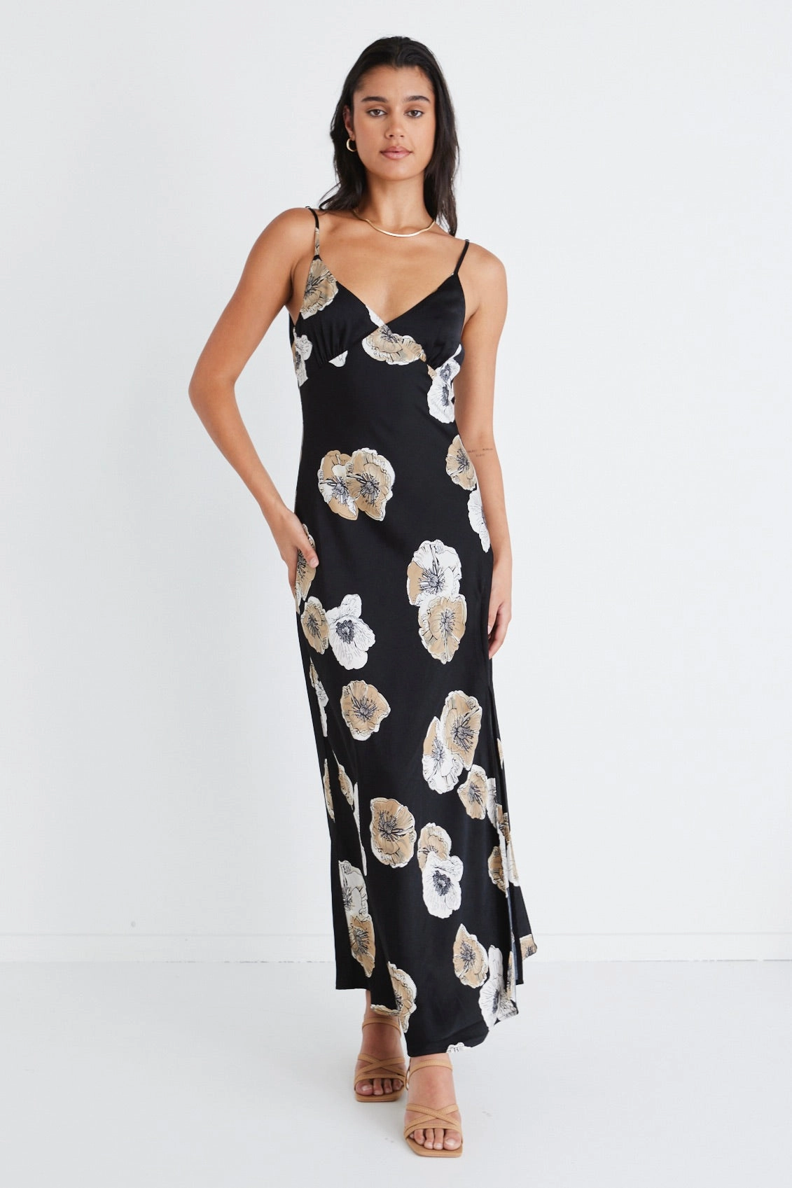 Side Tie Easy Match Otherworldly Black Floral Satin Bias Slip Midi Dress