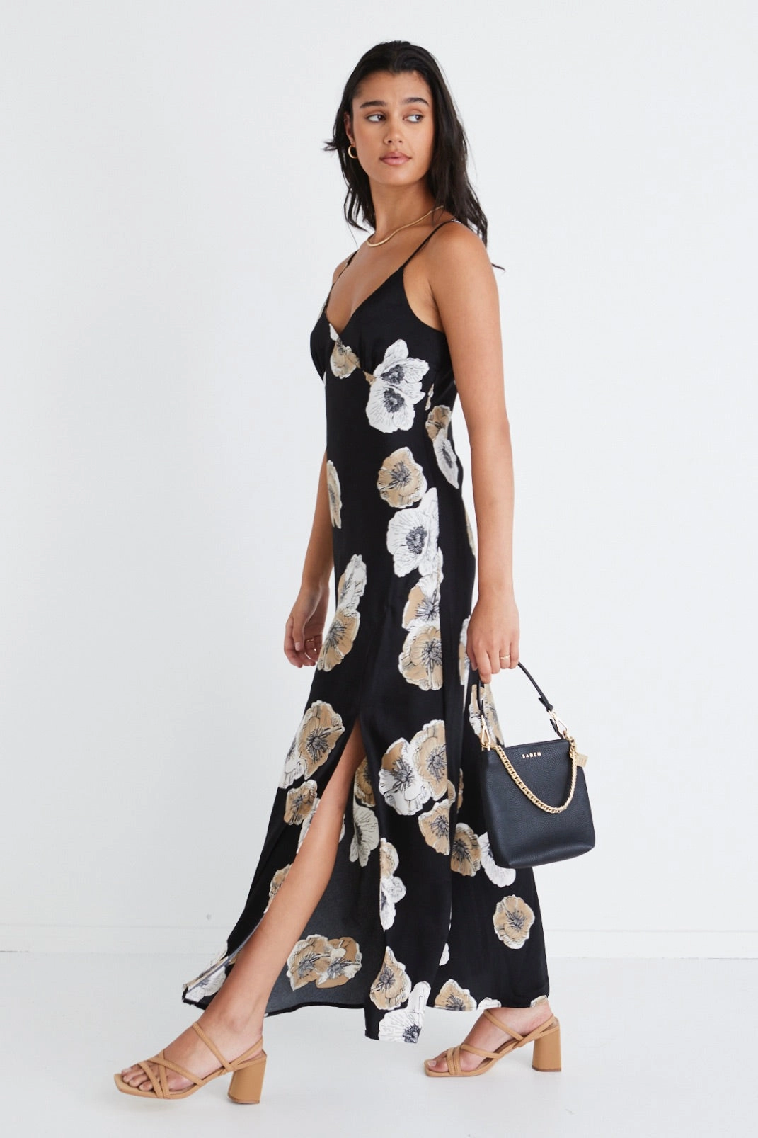 Otherworldly Black Floral Satin Bias Slip Midi Dress Soft Feel Moment Glow