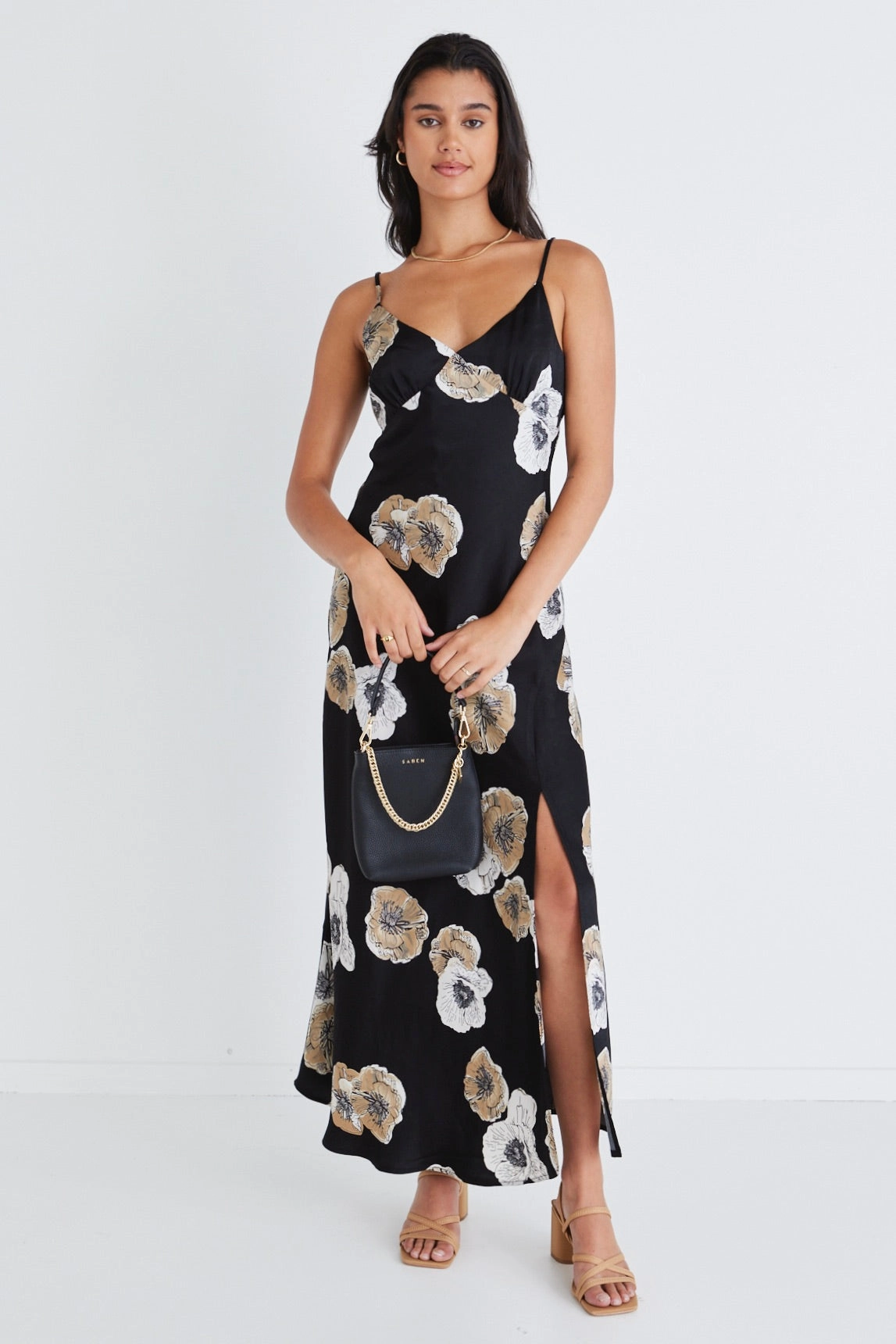 Otherworldly Black Floral Satin Bias Slip Midi Dress Subtle Touch