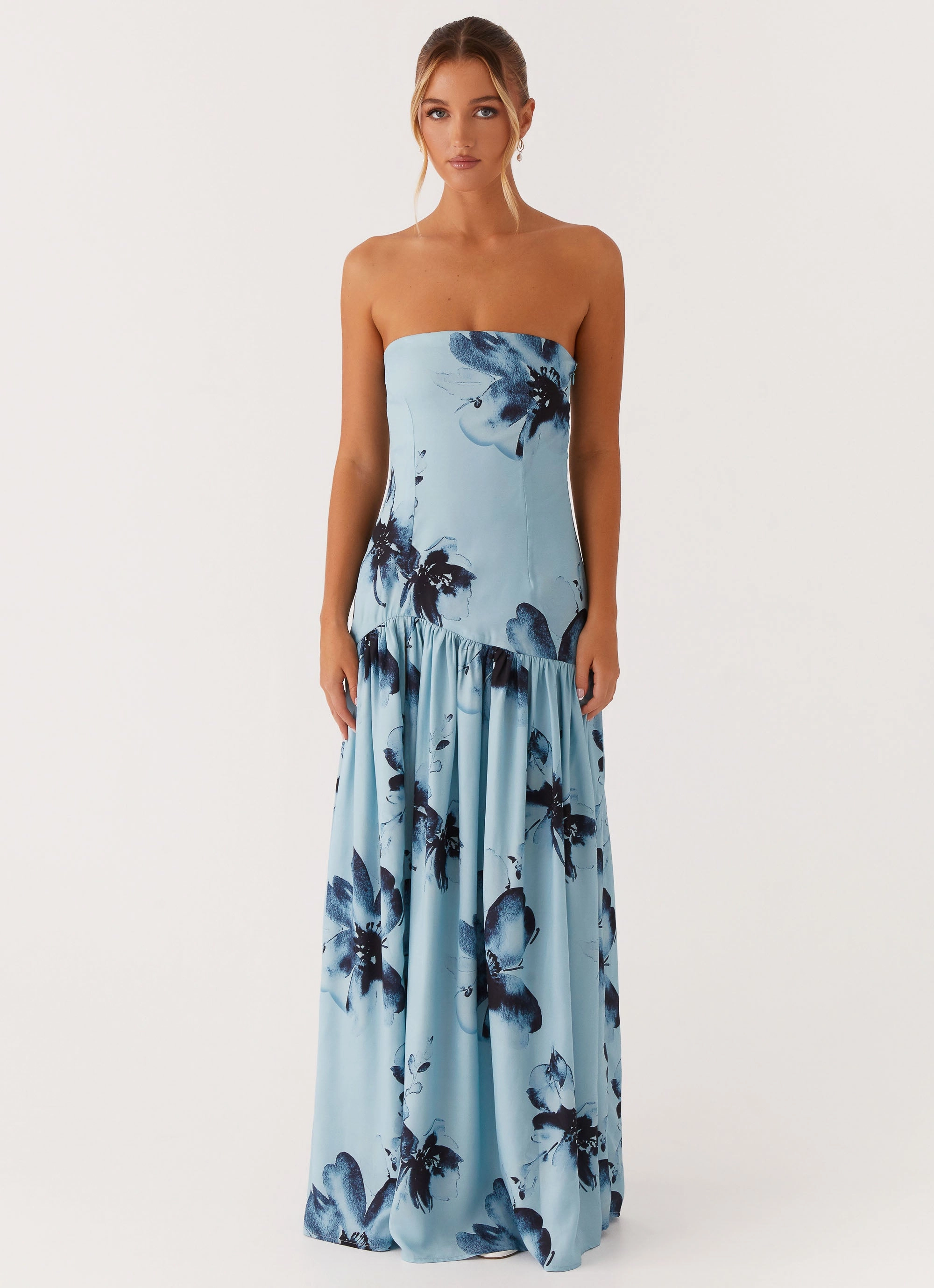 Elastic Fit Eden Strapless Maxi Dress - Blue Black Floral