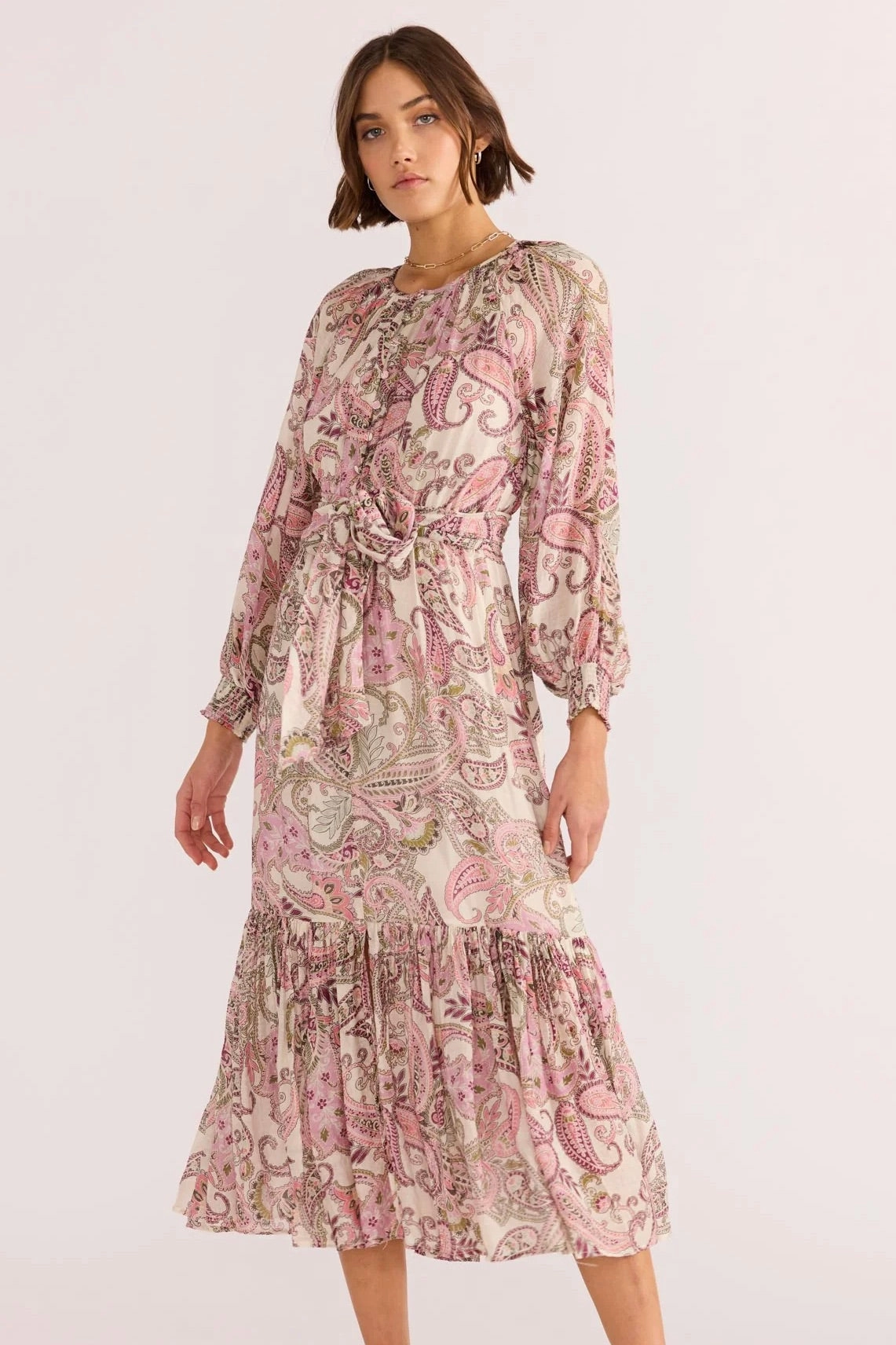 Cadence Pink Paisley Blouson LS Midi Dress Seasonal Fit