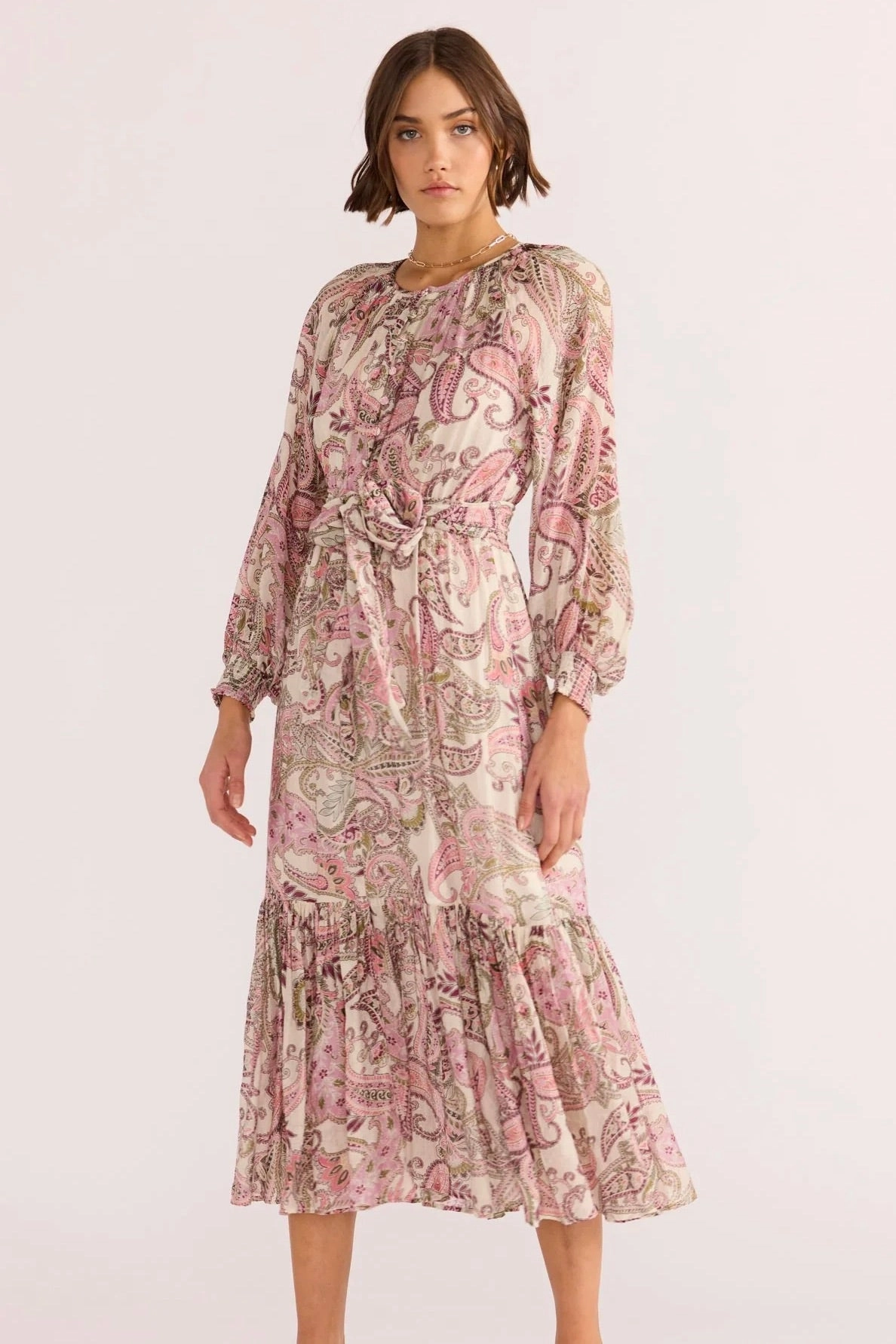 Cadence Pink Paisley Blouson LS Midi Dress Sporty-Look Sleeve Light