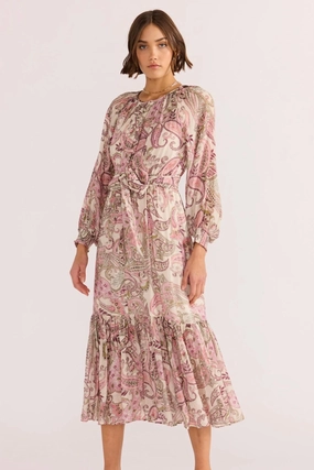 Cadence Pink Paisley Blouson LS Midi Dress Sporty-Look Sleeve Light