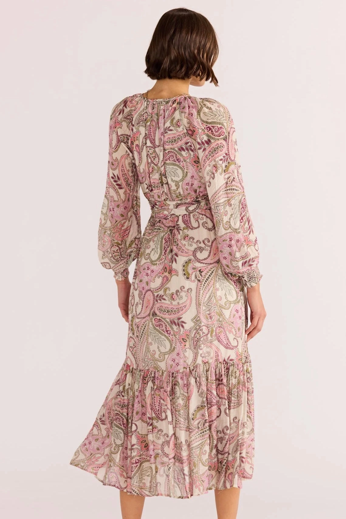Warm Base Cadence Pink Paisley Blouson LS Midi Dress