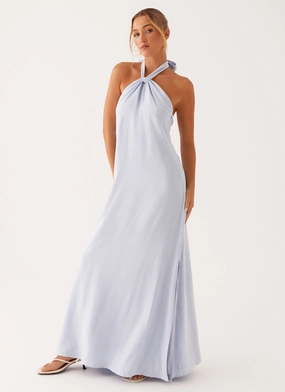Golden Child Linen Maxi Dress - Blue Fit For All Ruffle-Detail