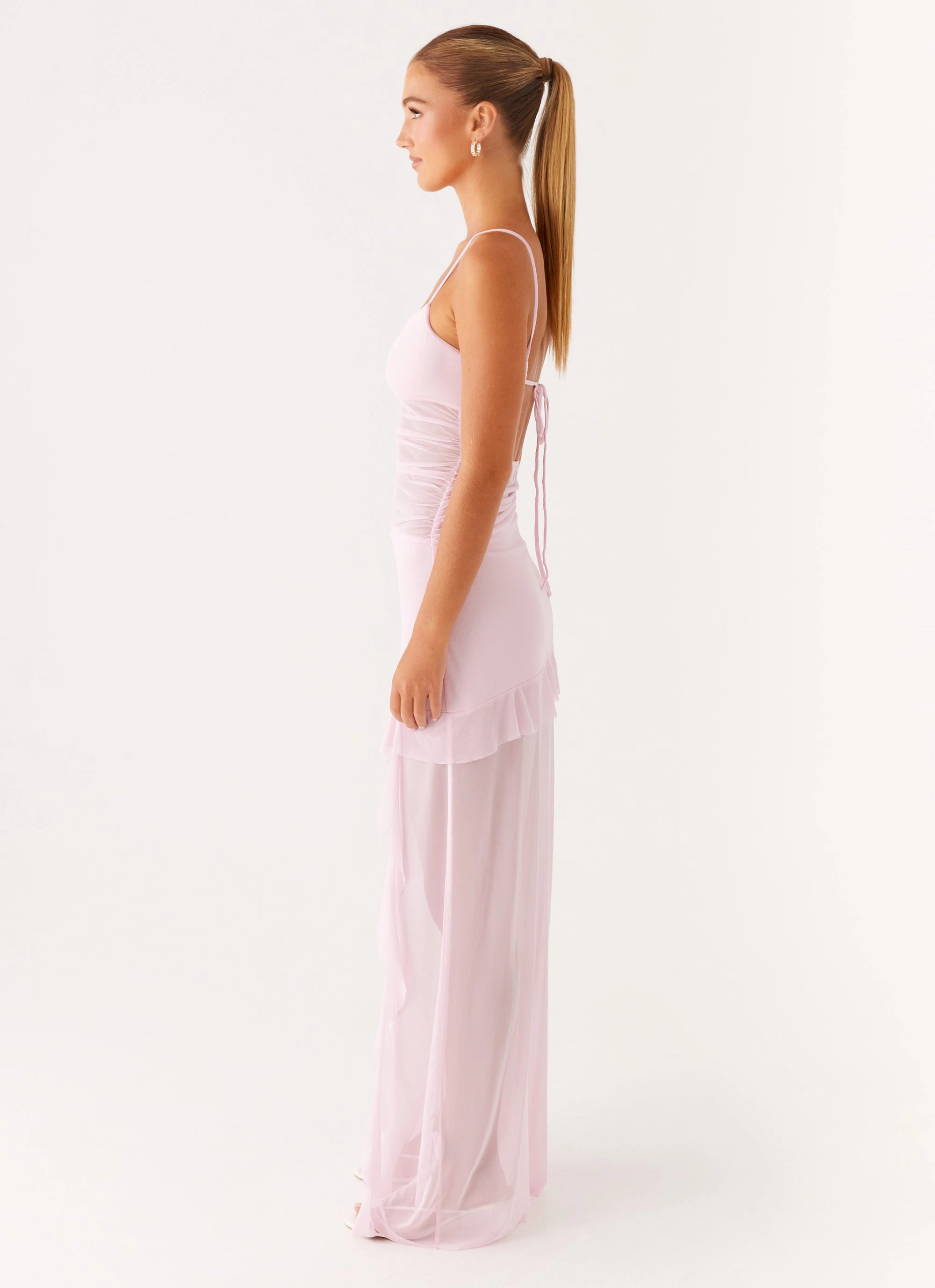 Jenni Ruffle Maxi Dress - Pink Cinched-Waist Calm Grace