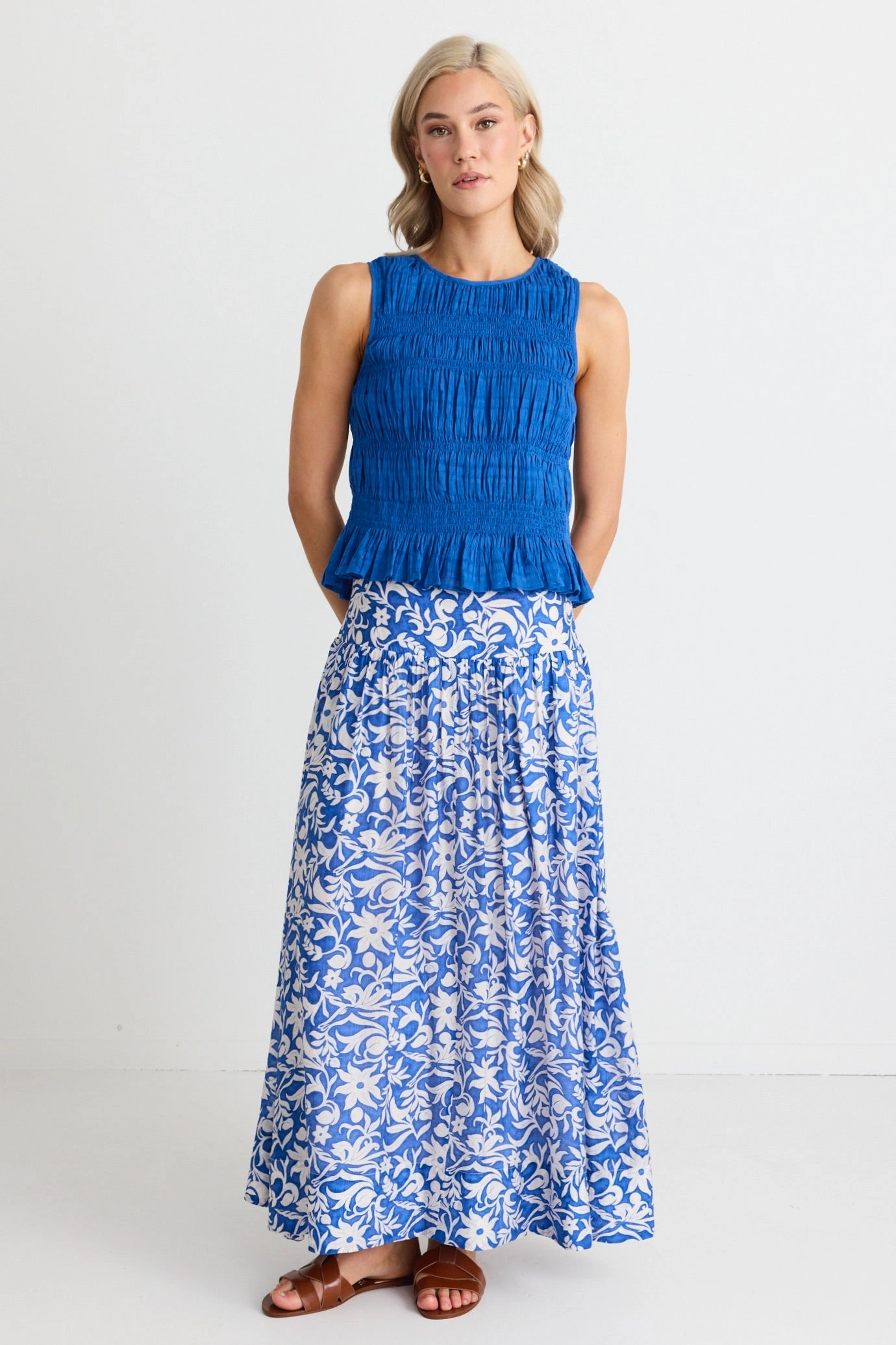 Hot Weather Temperature Control Technology Tuscany Cobalt Blue Shirred Cotton Sleeveless Top