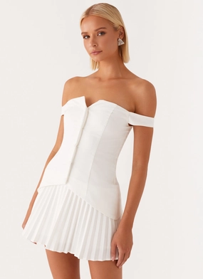 Twisted Skies Off Shoulder Mini Dress - Off White Sophisticated Elegance High-Low-Hem