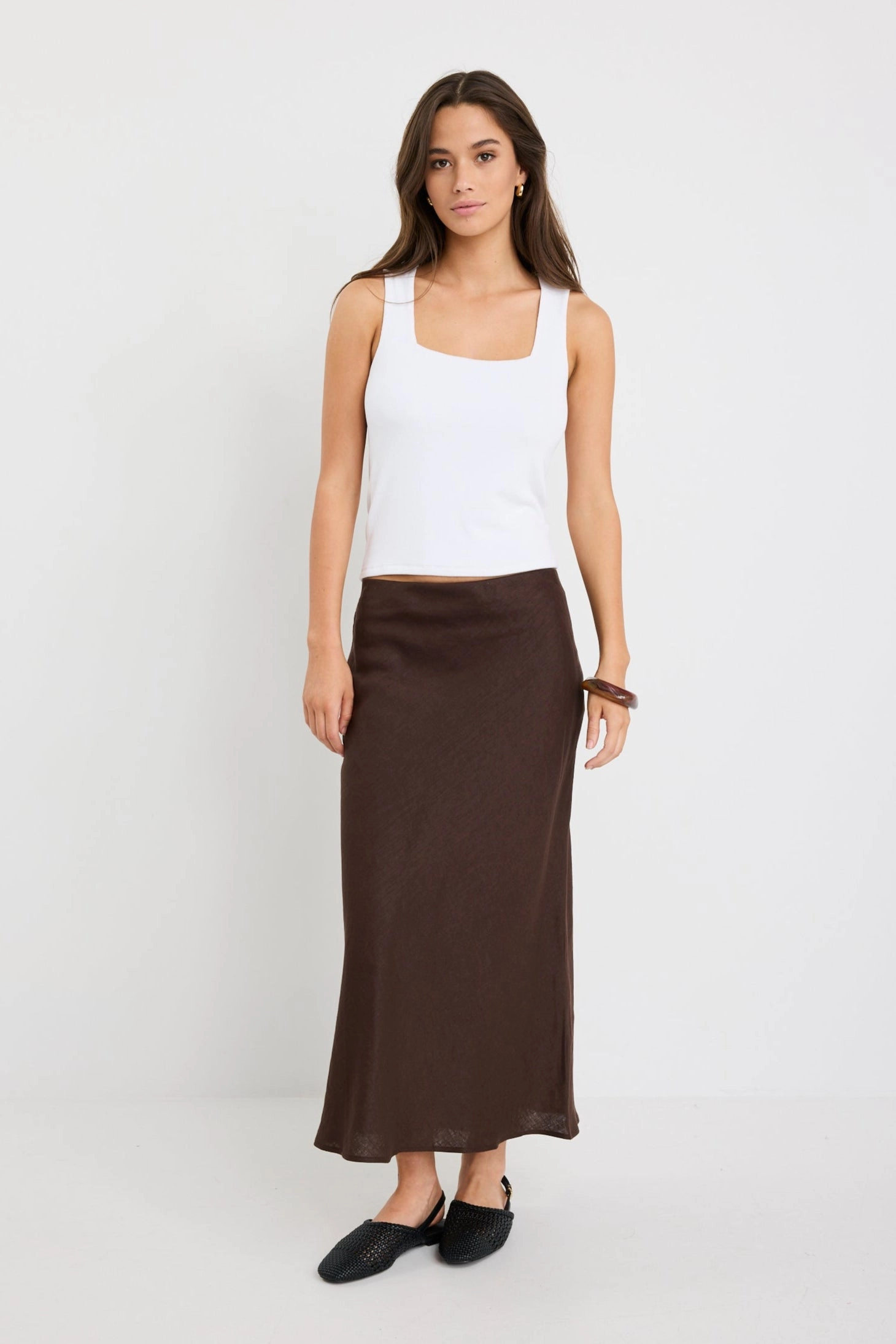 No Ride Up Creative Fashion Bliss Dark Chocolate Linen Bias Midi Skirt