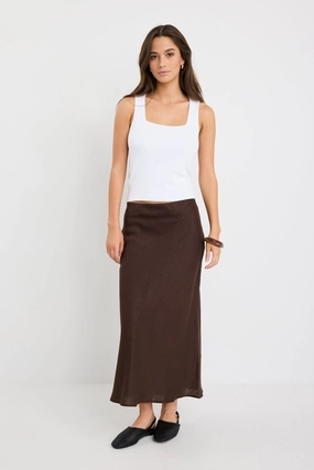 No Ride Up Creative Fashion Bliss Dark Chocolate Linen Bias Midi Skirt