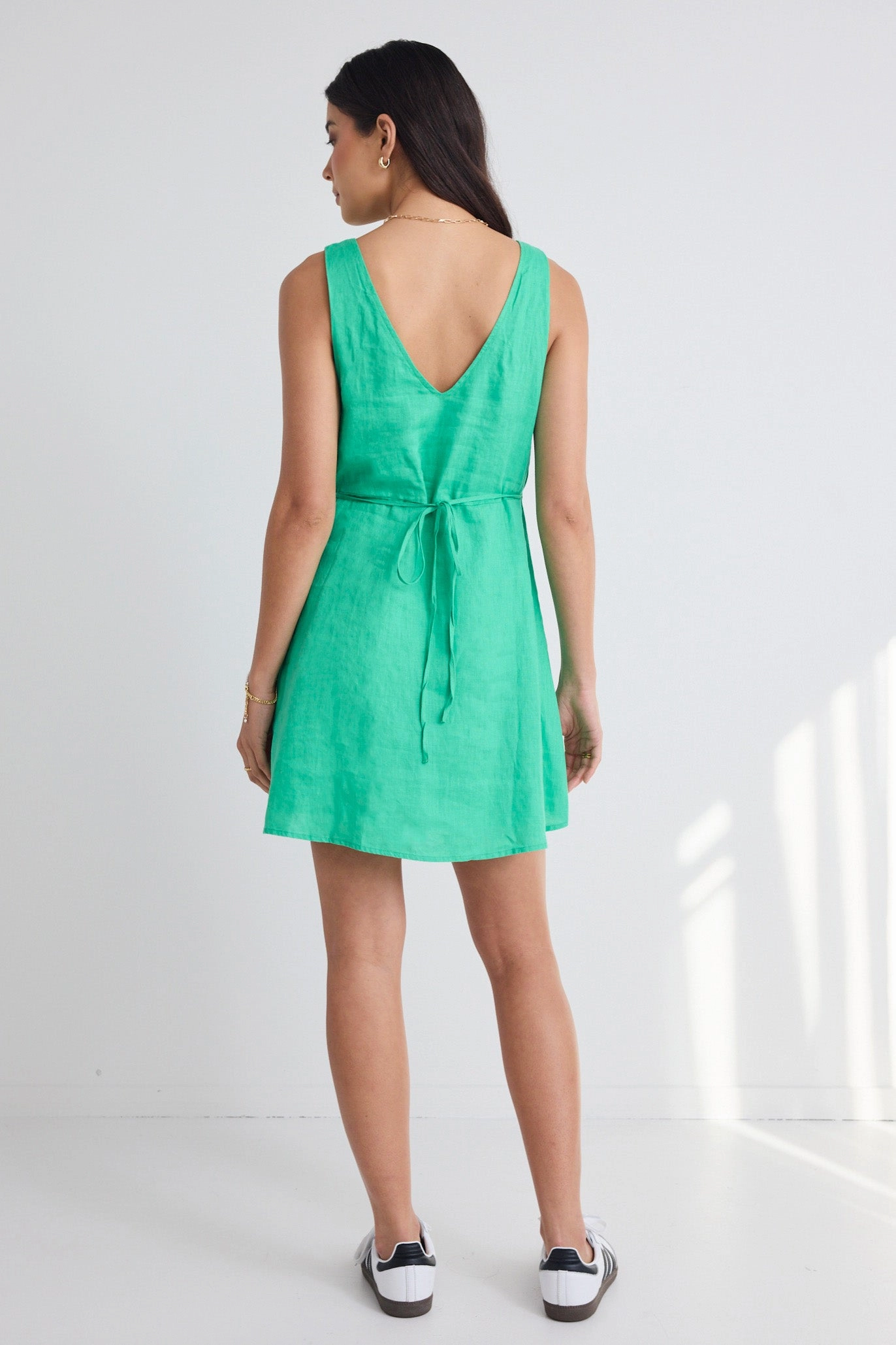 Allora Meadow Green Linen Sleeveless Button Front Mini Dress Silk Flow