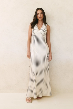 Luxe Comfort Glossy Fabric Aston Cream Ditsy Polka Dot Satin Bias Flared Maxi Dress