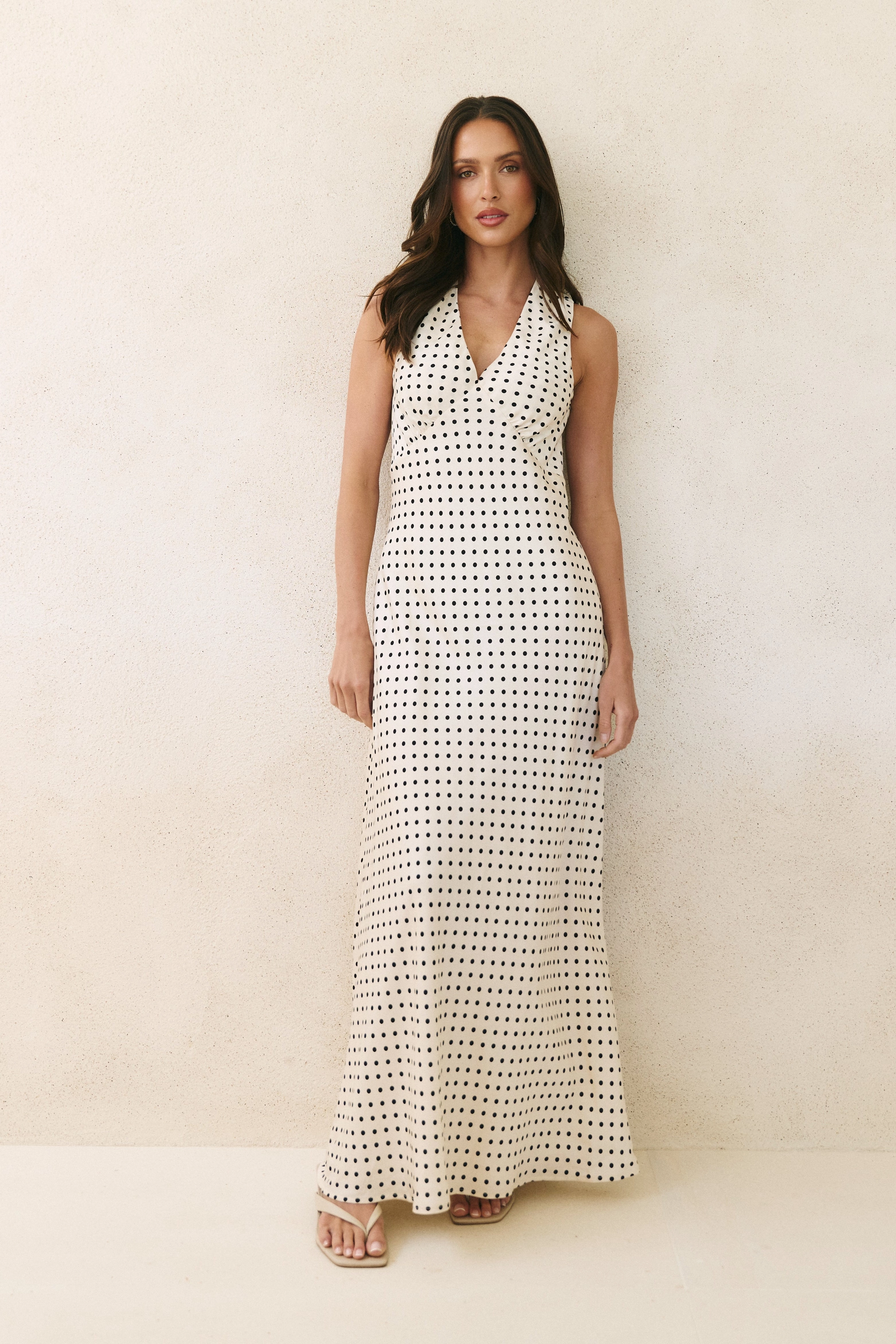 Luxe Comfort Glossy Fabric Aston Cream Ditsy Polka Dot Satin Bias Flared Maxi Dress