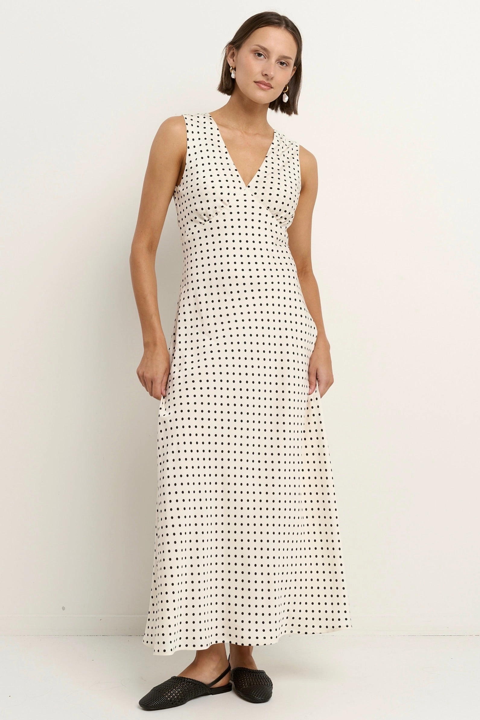Urban Light Effortless Wear Aston Cream Ditsy Polka Dot Satin Bias Flared Maxi Dress