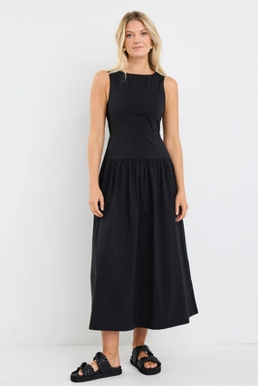 Trend Texture Results Black Cotton Structured Sleeveless Maxi Dress