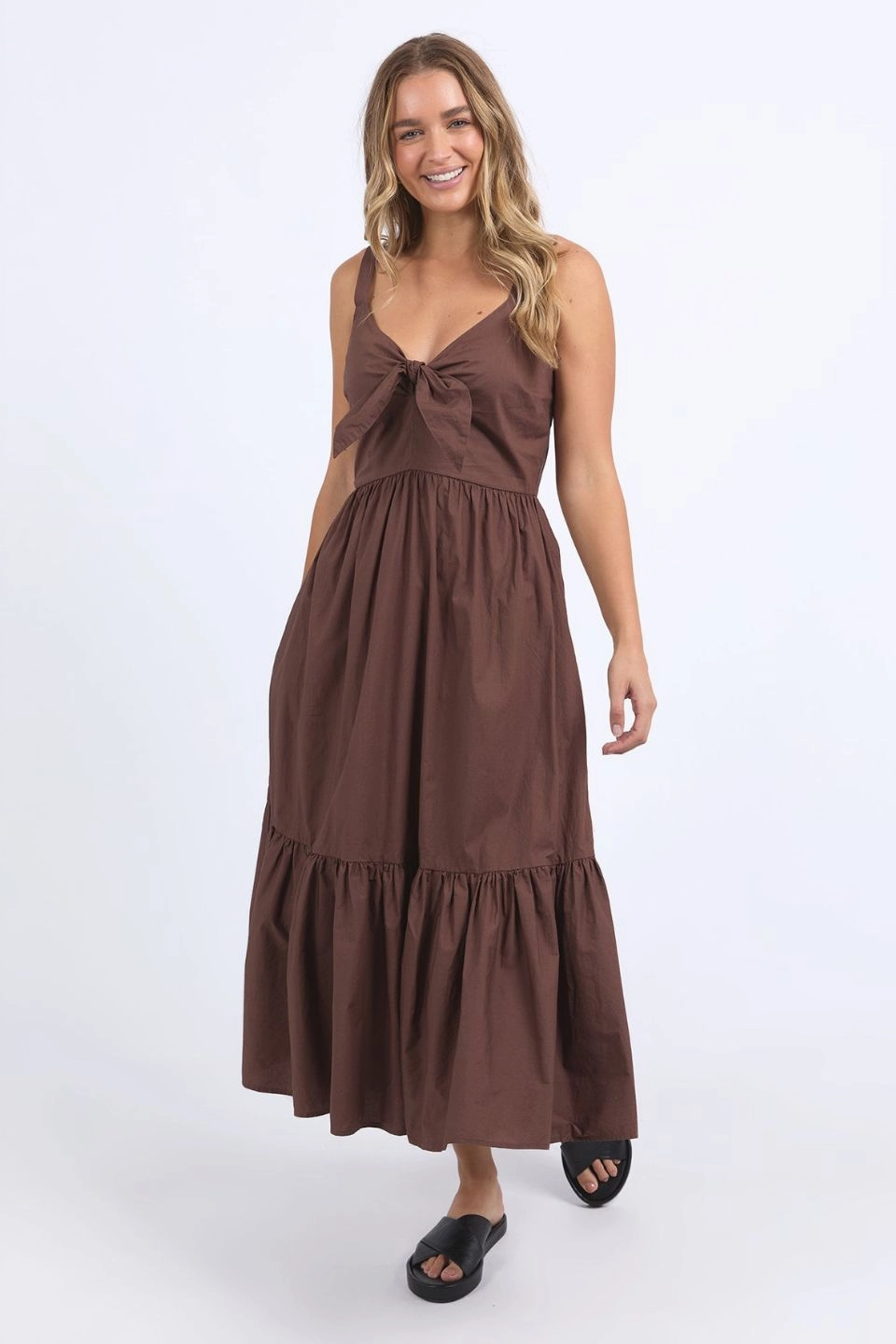 french chic Esmerelda Chocolate Frint Tie Tiered Strappy Maxi Dress