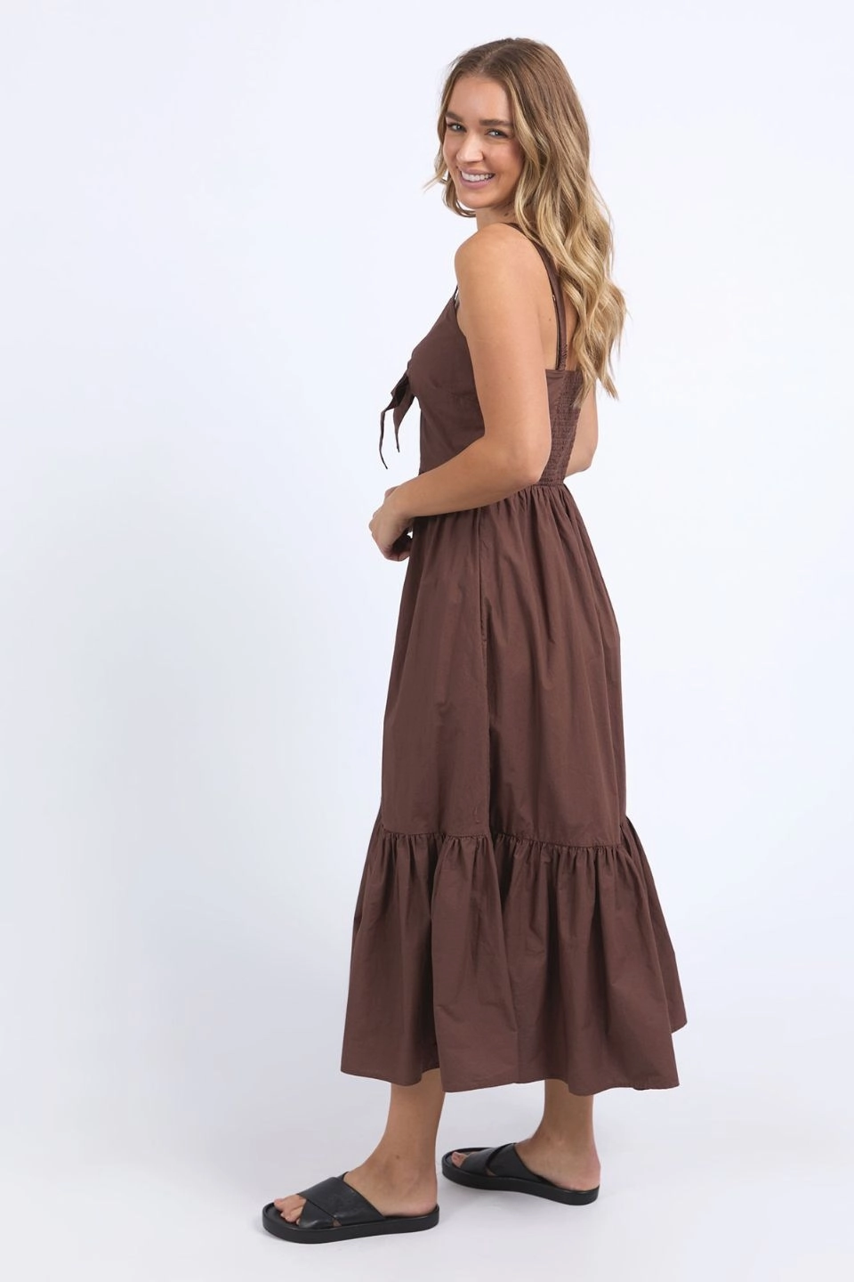 Easy Going Esmerelda Chocolate Frint Tie Tiered Strappy Maxi Dress