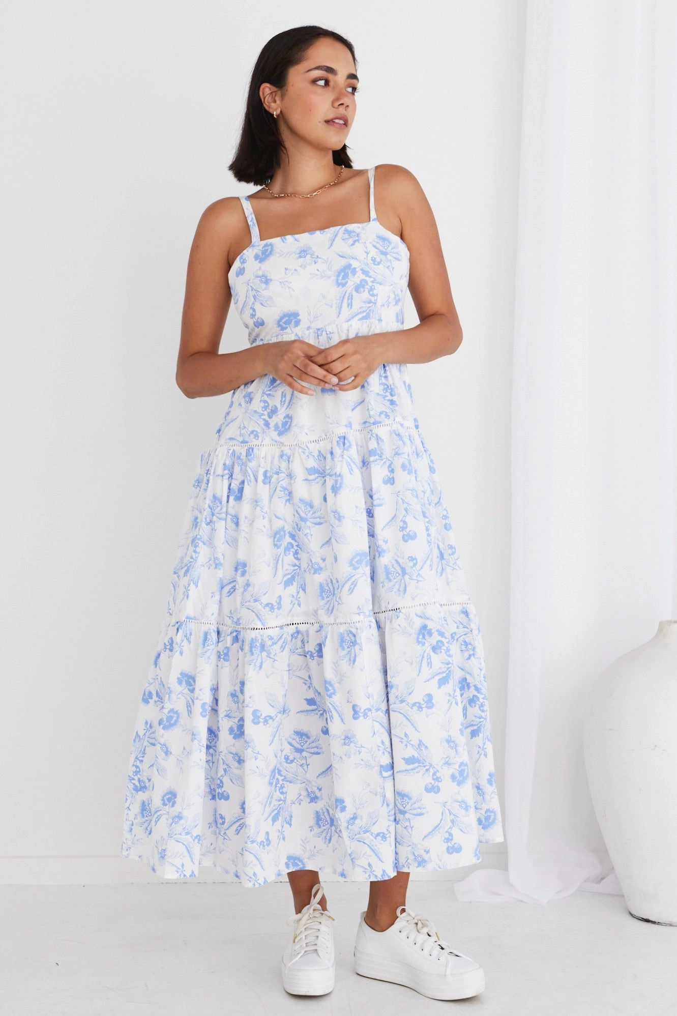 Balanced Lines Polite Vibe Universe Blue Floral Tie Back Tiered Strappy Maxi Dress