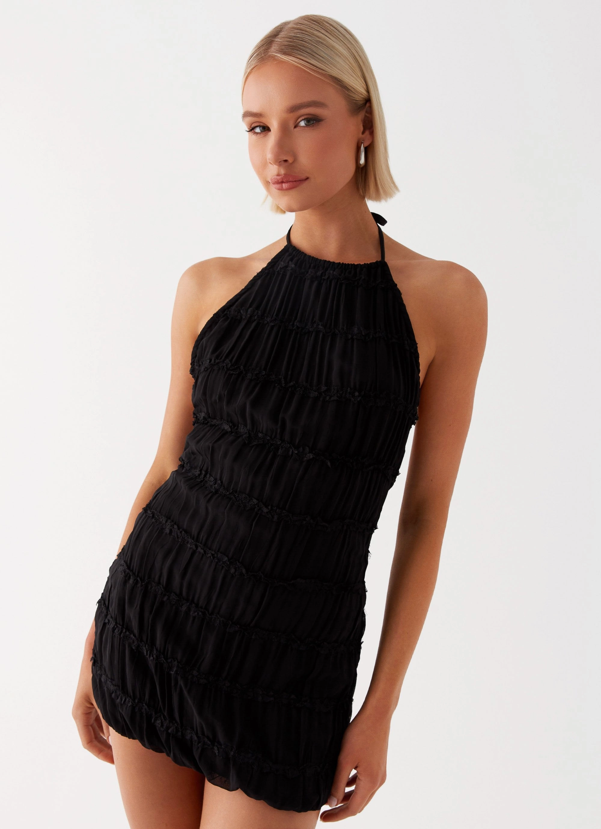 Work Vibe Balloon-Sleeve Aullie Mini Dress - Black