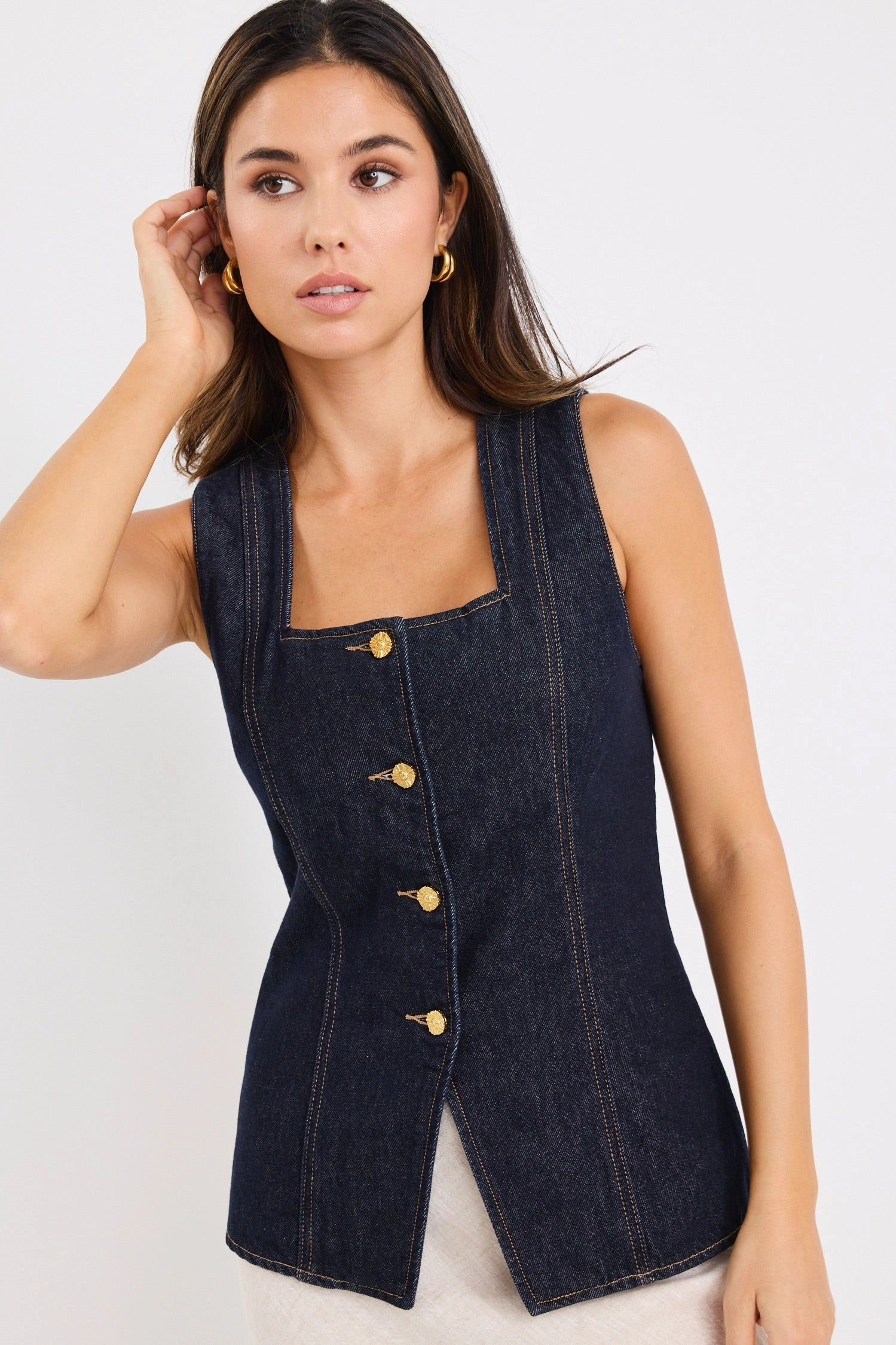 View Indigo Denim Square Neck Vest Low Maintenance Fabric