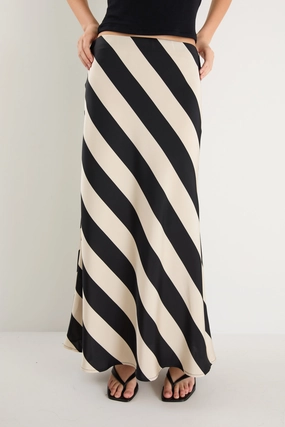 Fiery Black Sand Stripe Satin Bias Maxi Skirt Fashion Style