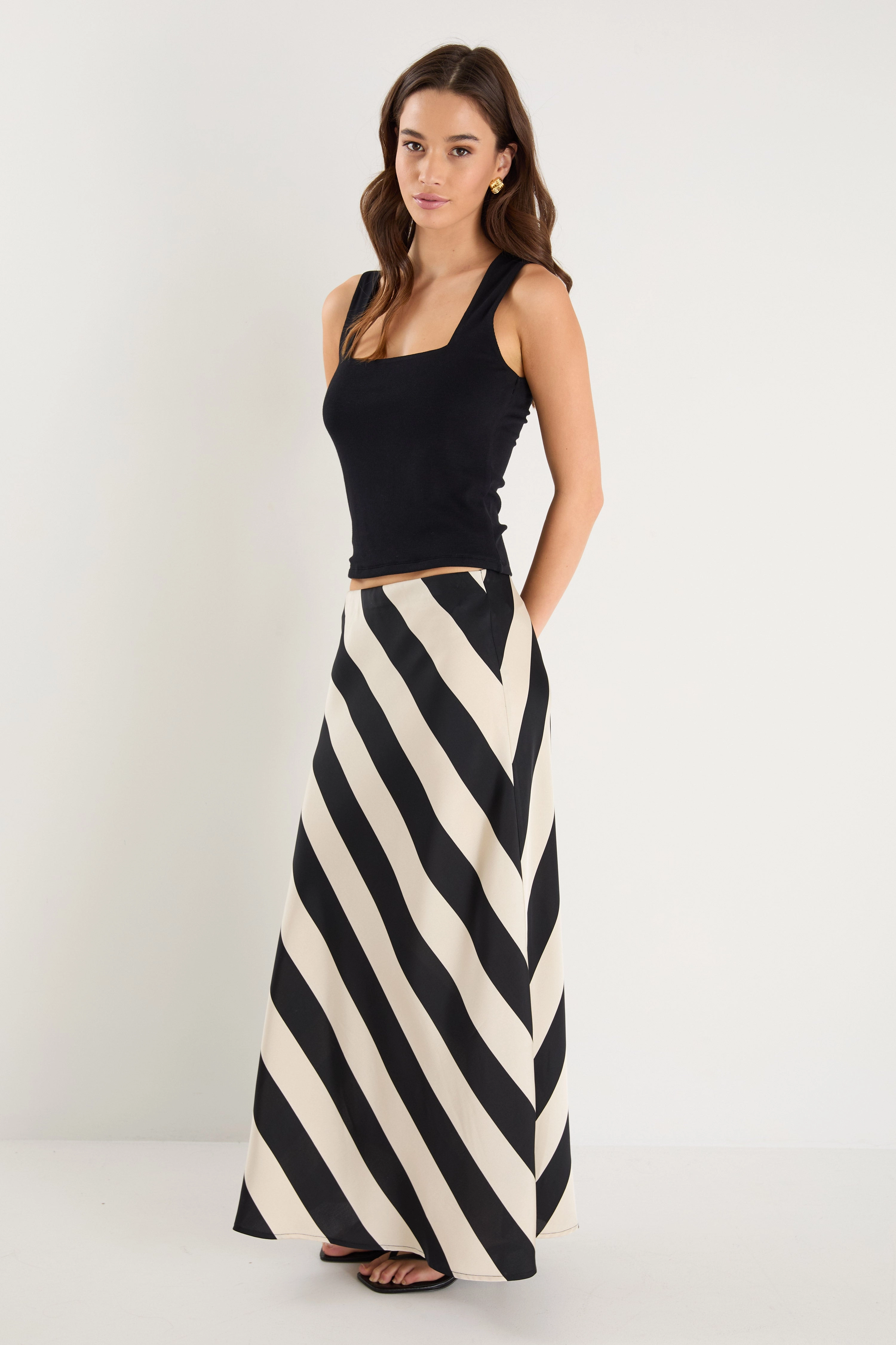 Fiery Black Sand Stripe Satin Bias Maxi Skirt All Season