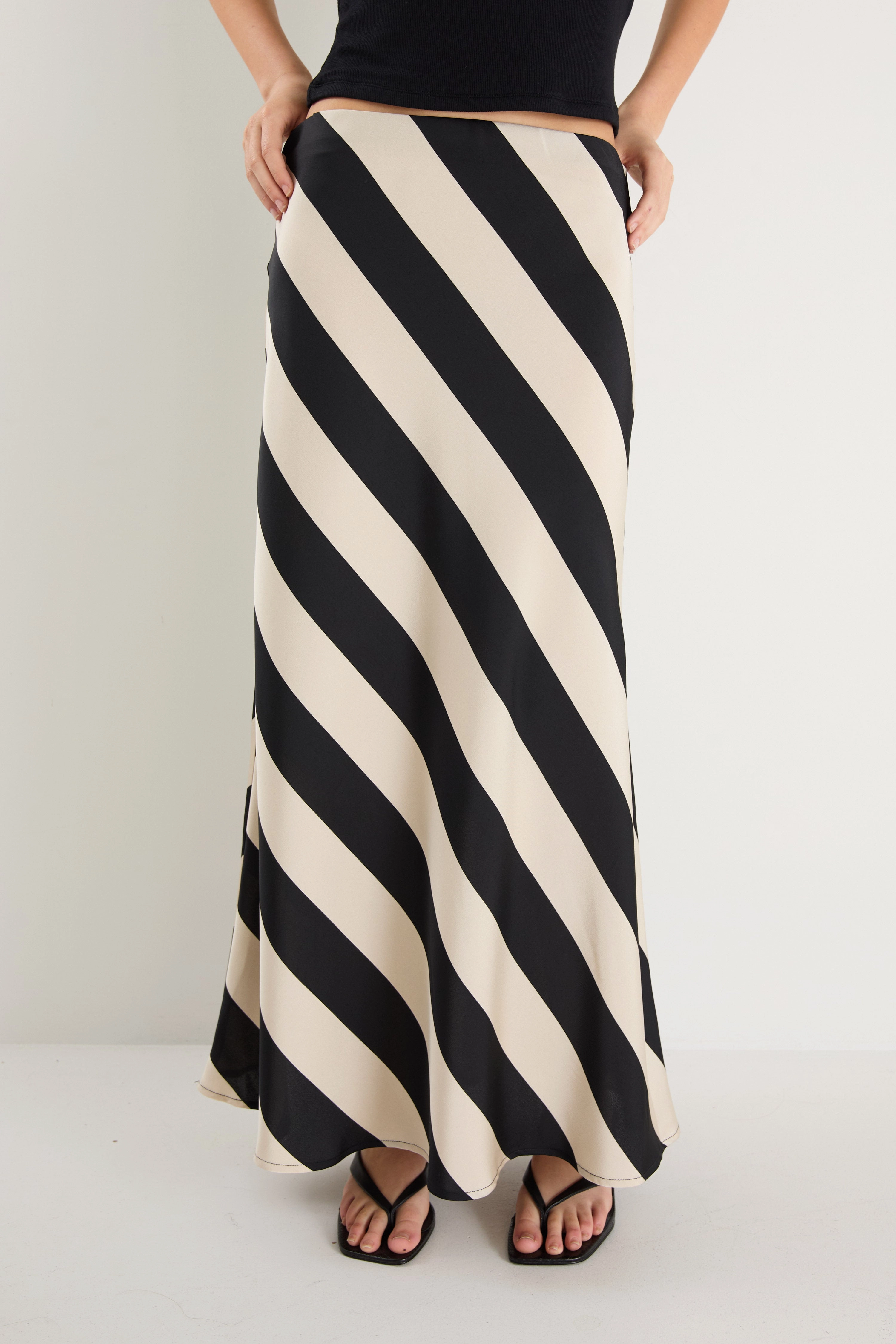 Fiery Black Sand Stripe Satin Bias Maxi Skirt Fashion Style