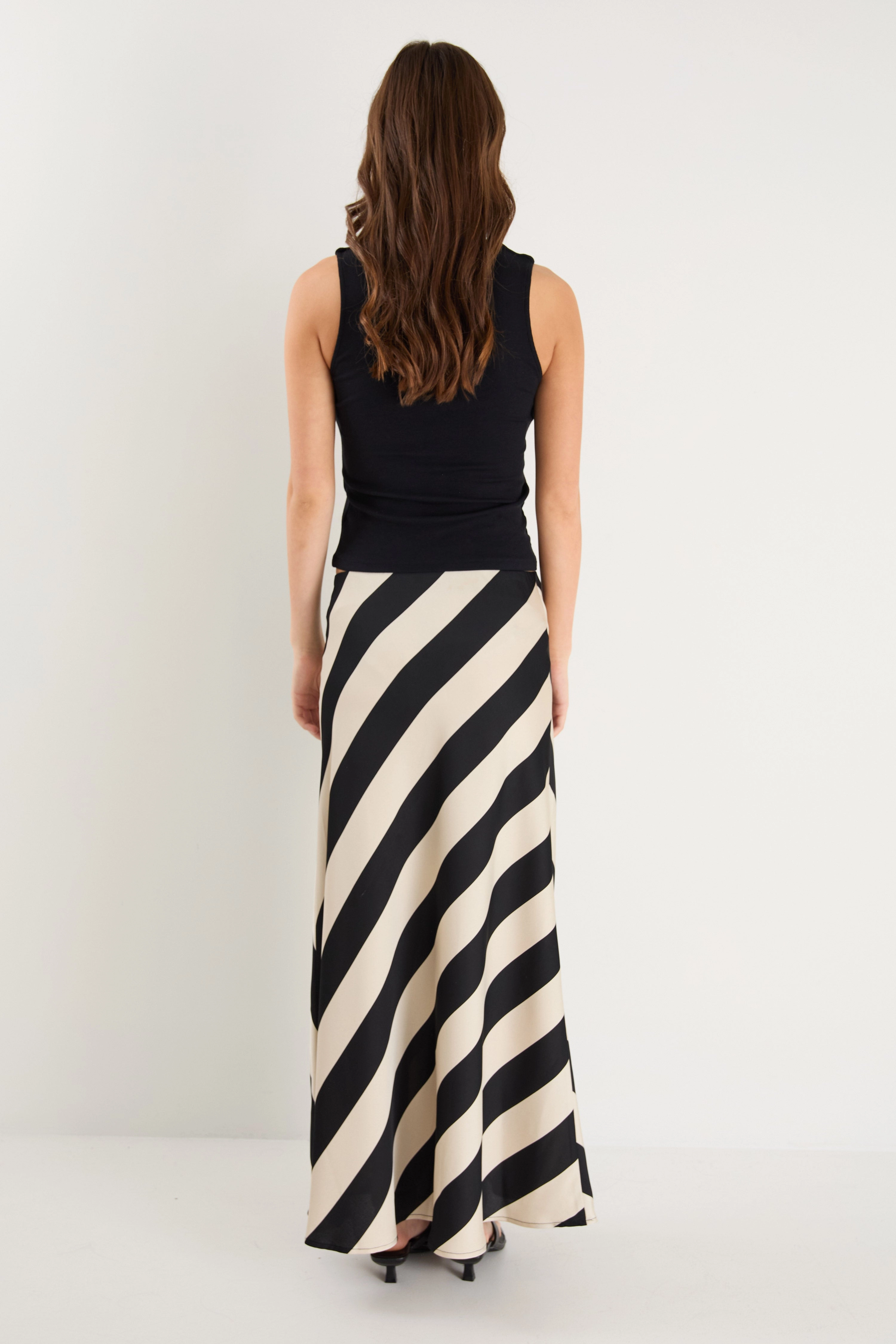Fiery Black Sand Stripe Satin Bias Maxi Skirt Maternity Friendly Odor Resistant Treatment