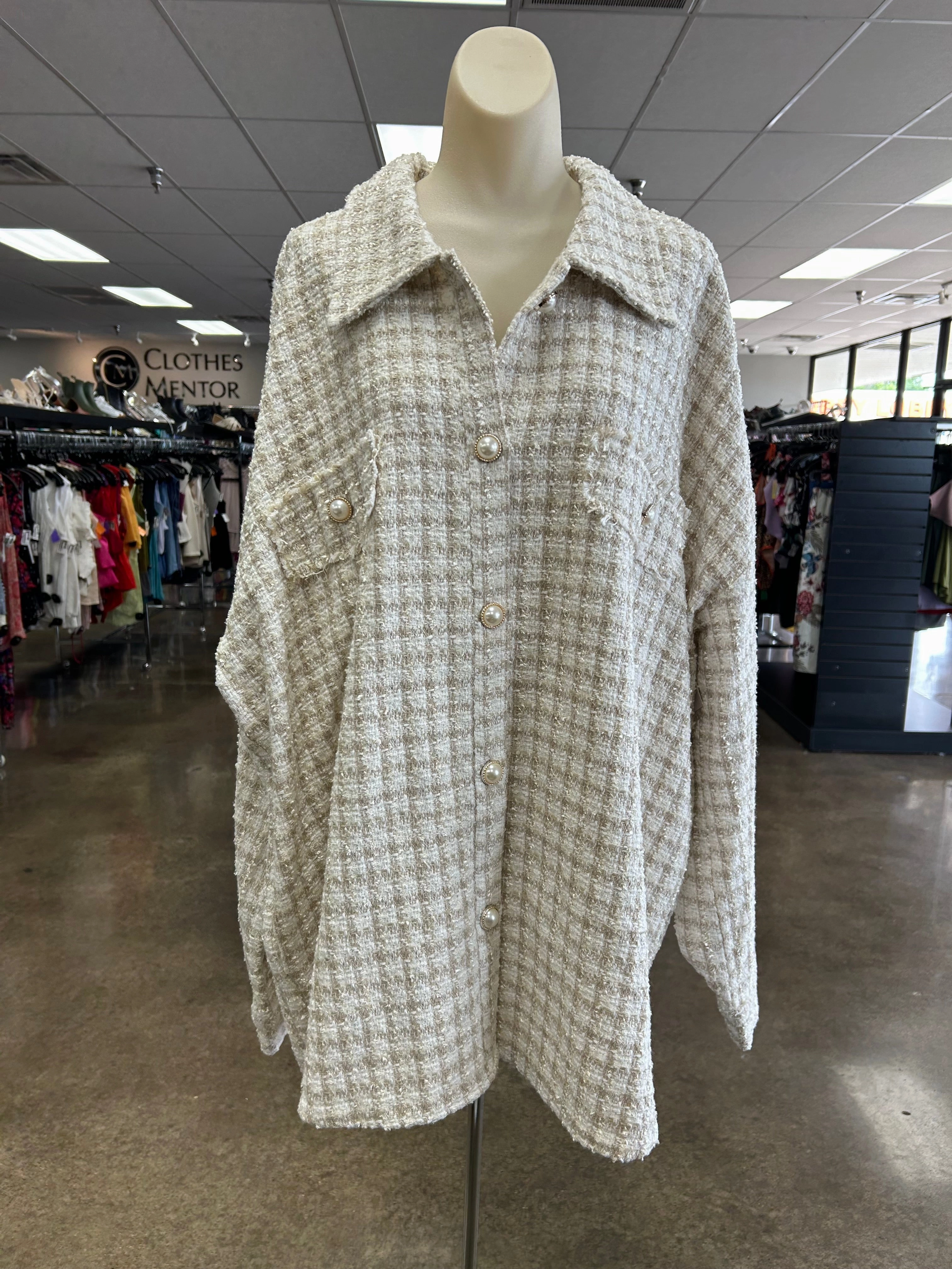 Many Pockets Tailored Cut Style Jacket Shirt By Andree By Unit In Cream & Tan, Size:3X