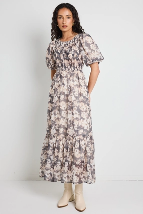 Fair-Trade Vacancy Chocolate Floral Puff Sleeve Shirred Maxi Dress