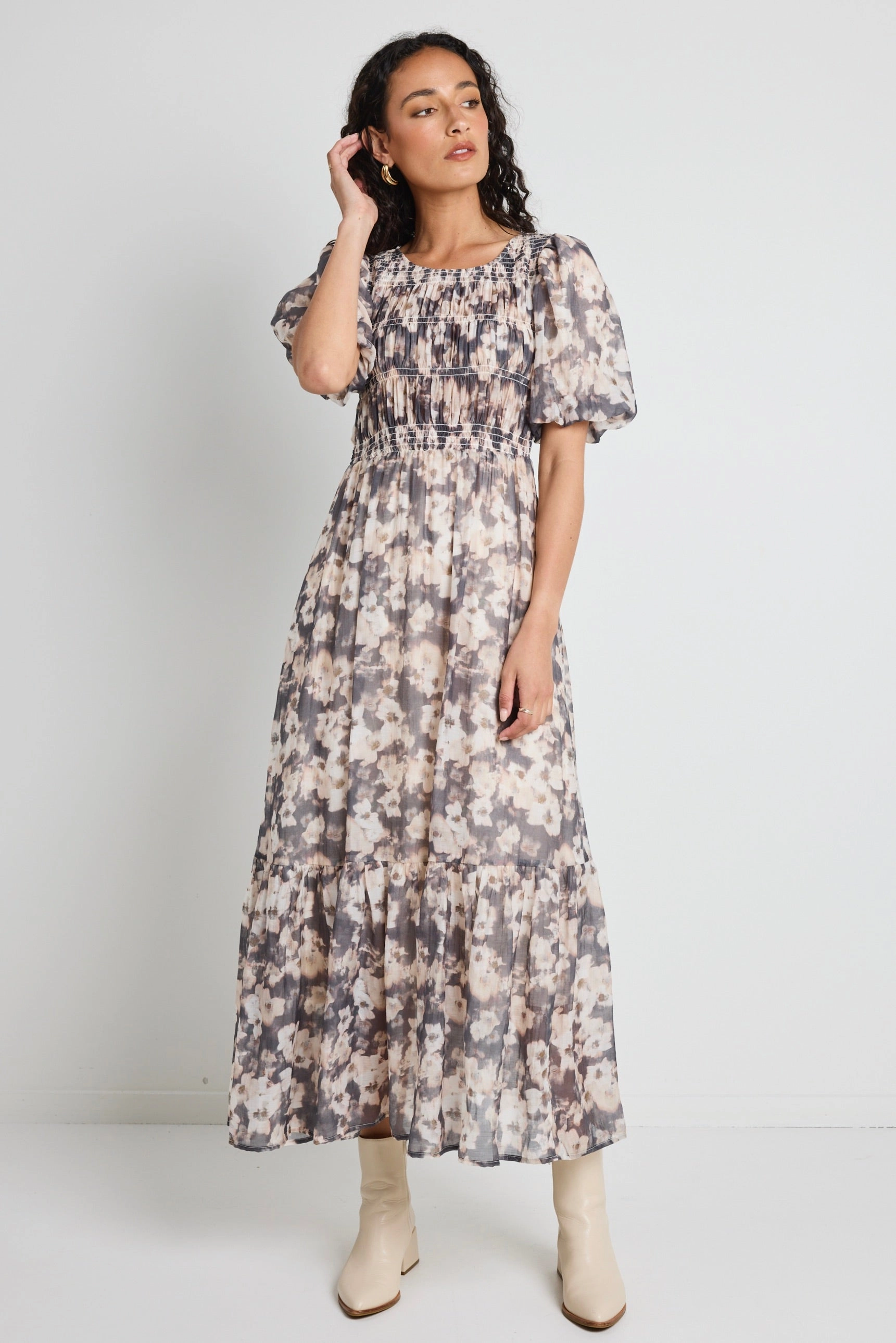 Jewel-Tone Vacancy Chocolate Floral Puff Sleeve Shirred Maxi Dress