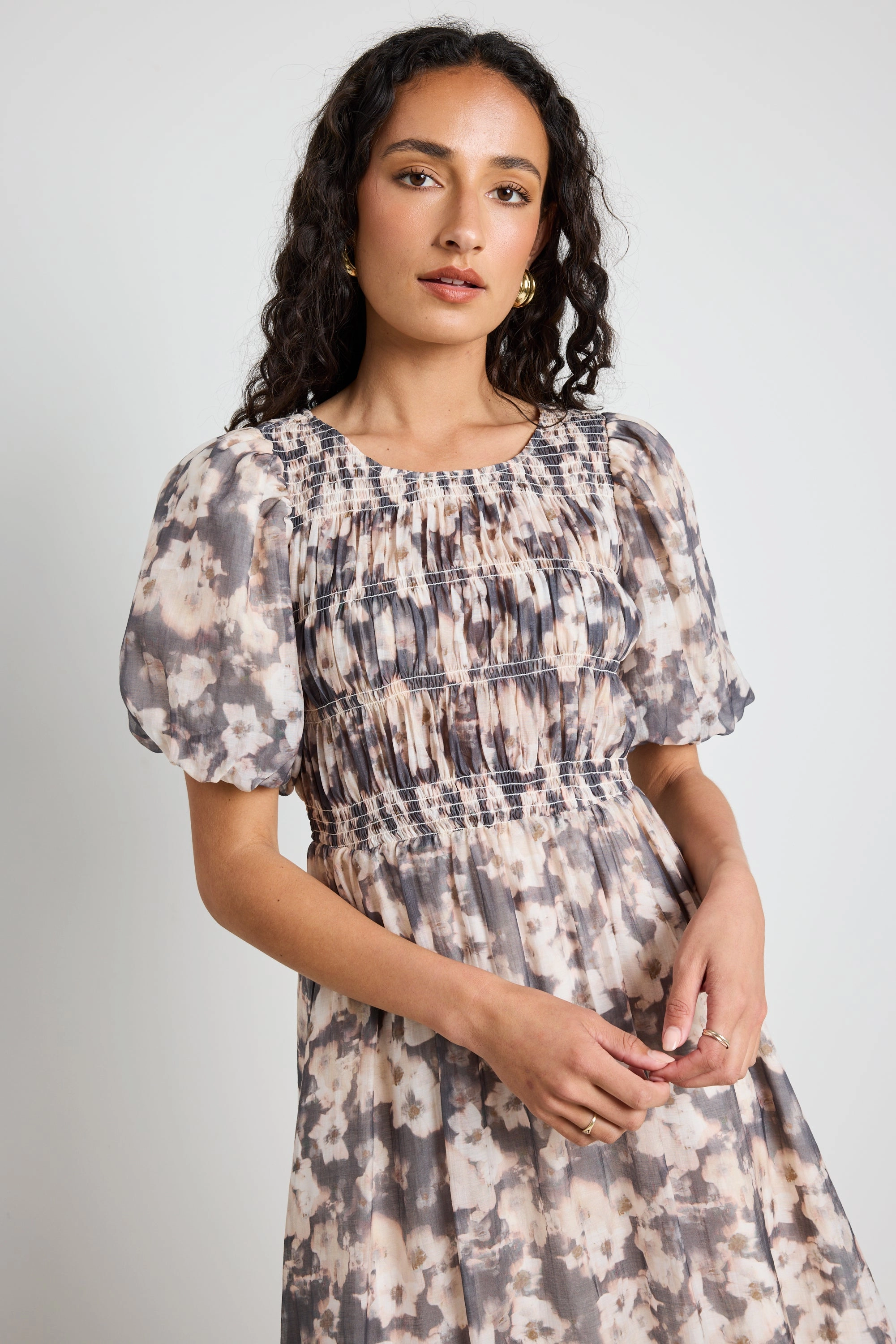 Vacancy Chocolate Floral Puff Sleeve Shirred Maxi Dress Front Ruffle Comfortable Cut