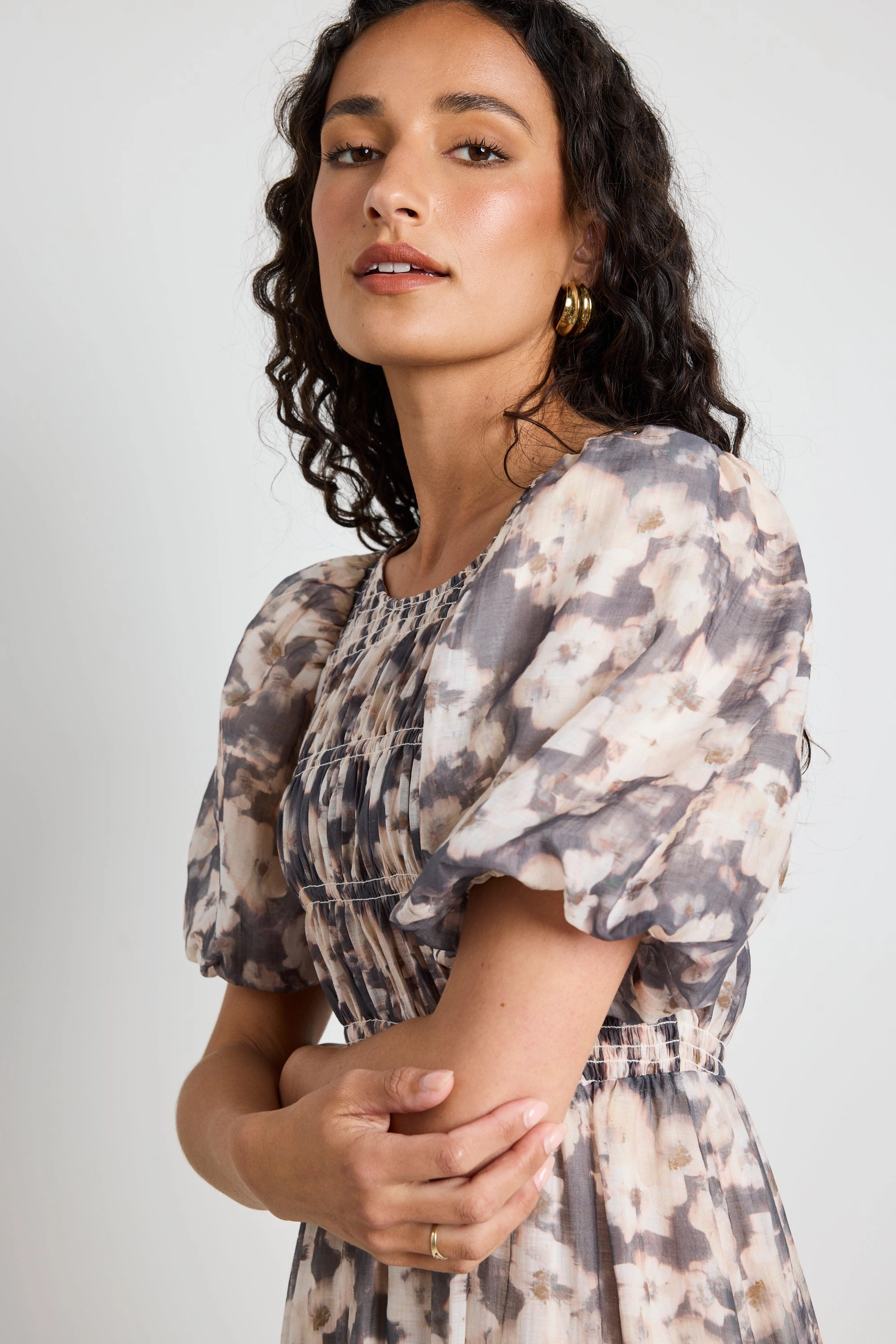 Vacancy Chocolate Floral Puff Sleeve Shirred Maxi Dress Stay Cool