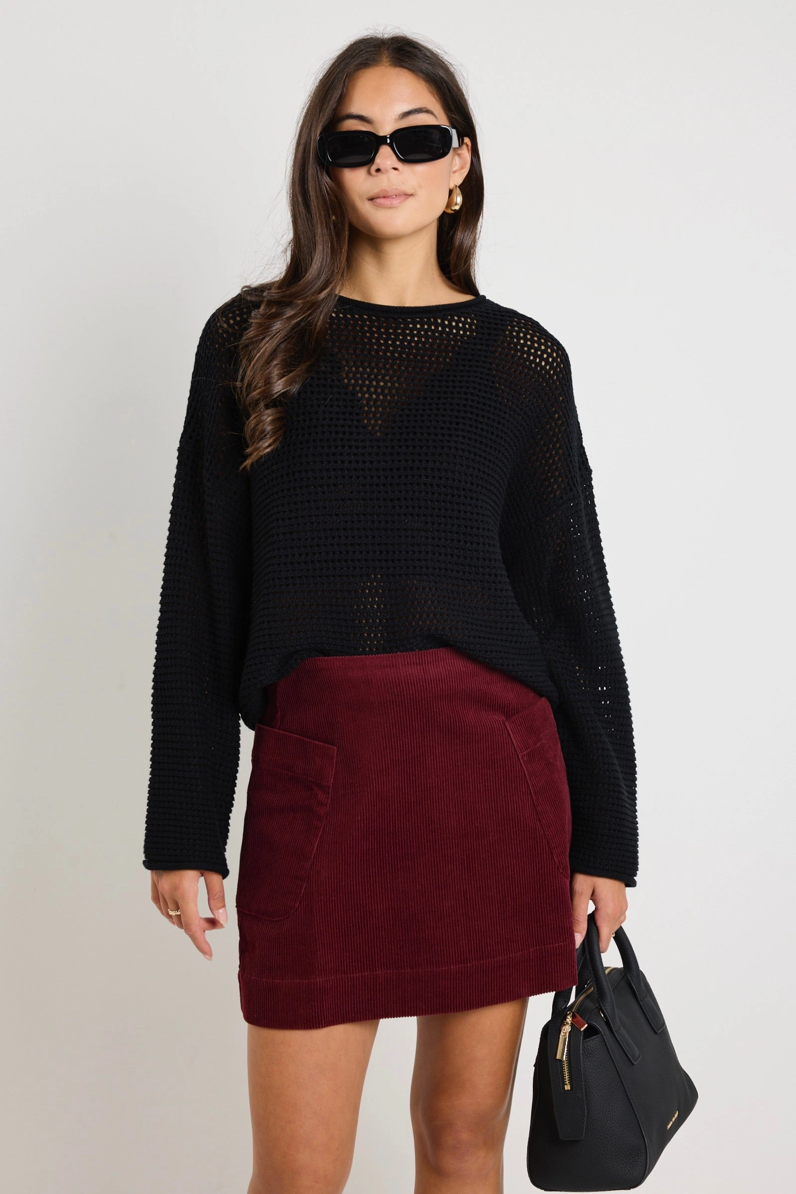 Valid Burgundy Plum Cord Mini Skirt Essential Style Layered Hem