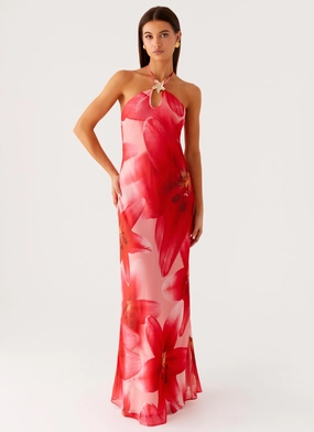 Chic Tailoring Vatiana Chiffon Maxi Dress - Peach Watermelon Flower