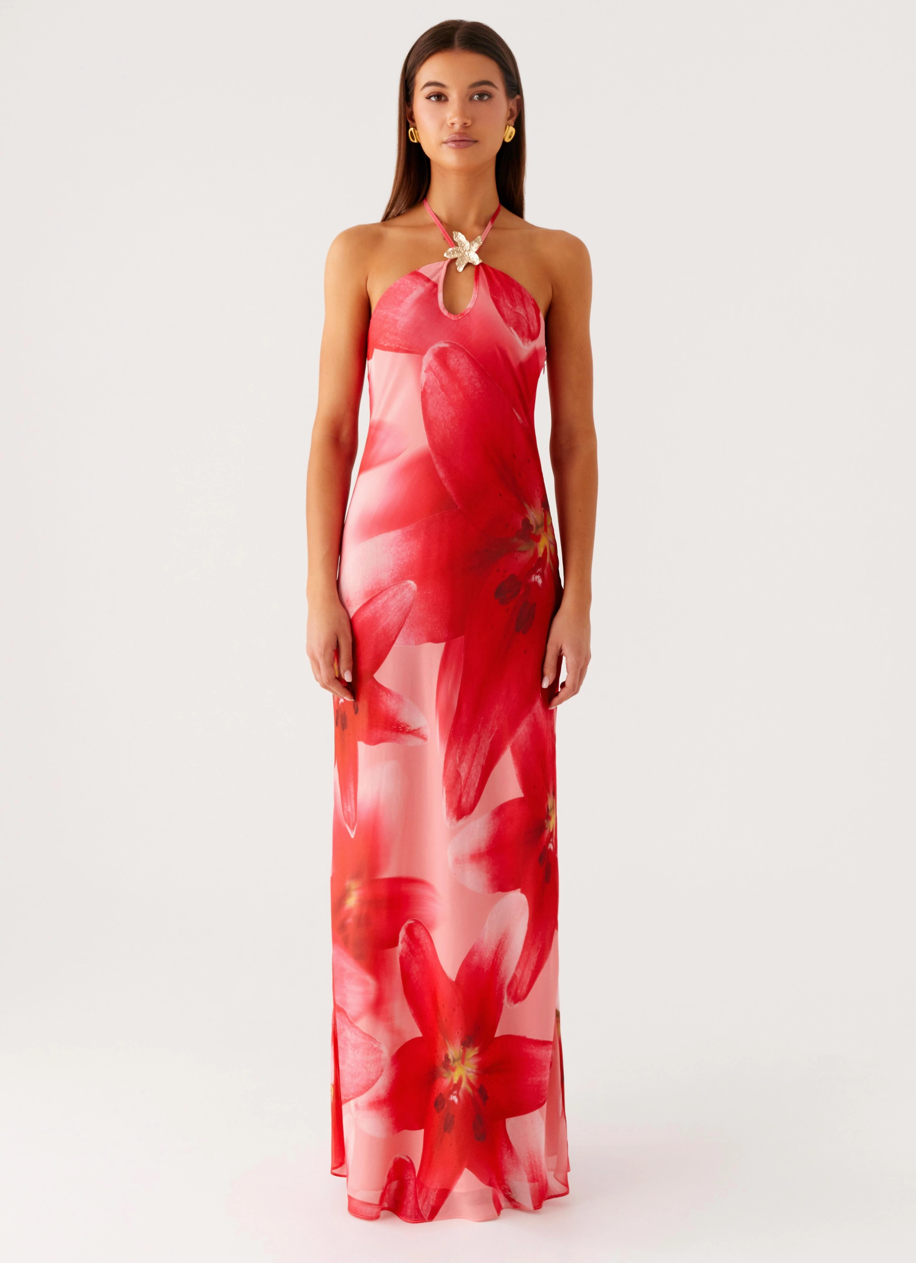 Light Silhouette Pastel Sky Vatiana Chiffon Maxi Dress - Peach Watermelon Flower