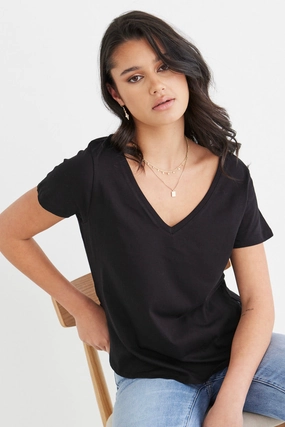 High Visibility Trim Flexible Knit Fabric Respect Black Relaxed V neck Organic Tee