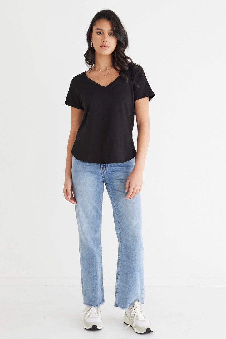 Lightweight Weave MultiPanel Design Respect Black Relaxed V neck Organic Tee