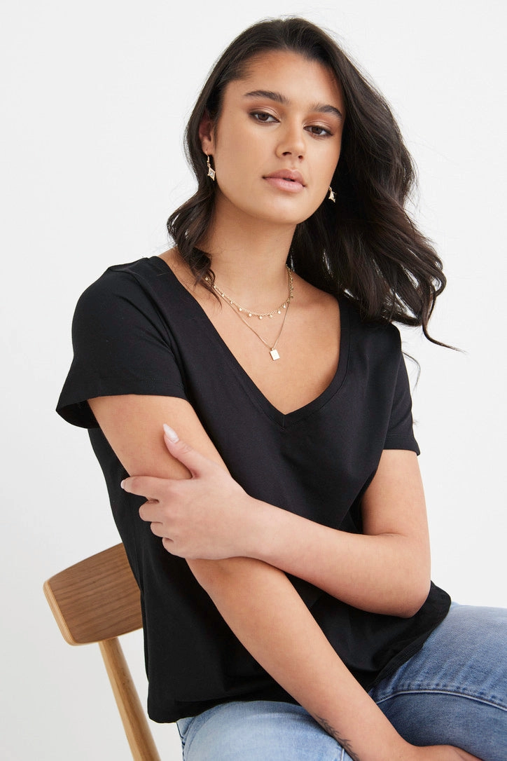 VentedBack Respect Black Relaxed V neck Organic Tee