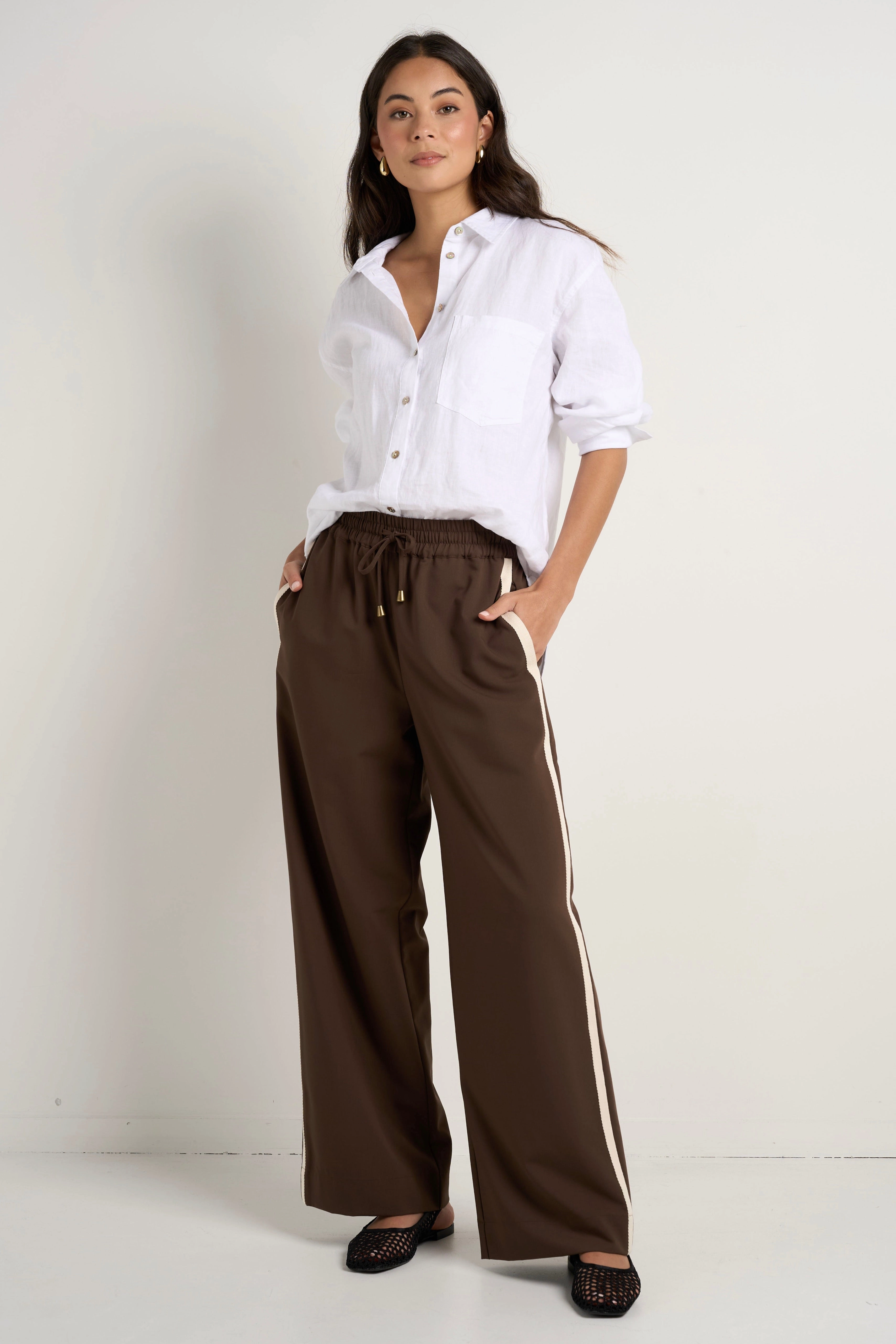 Townie Chocolate Stripe Side Tape Wide Leg Pants Fade Resistant Dye