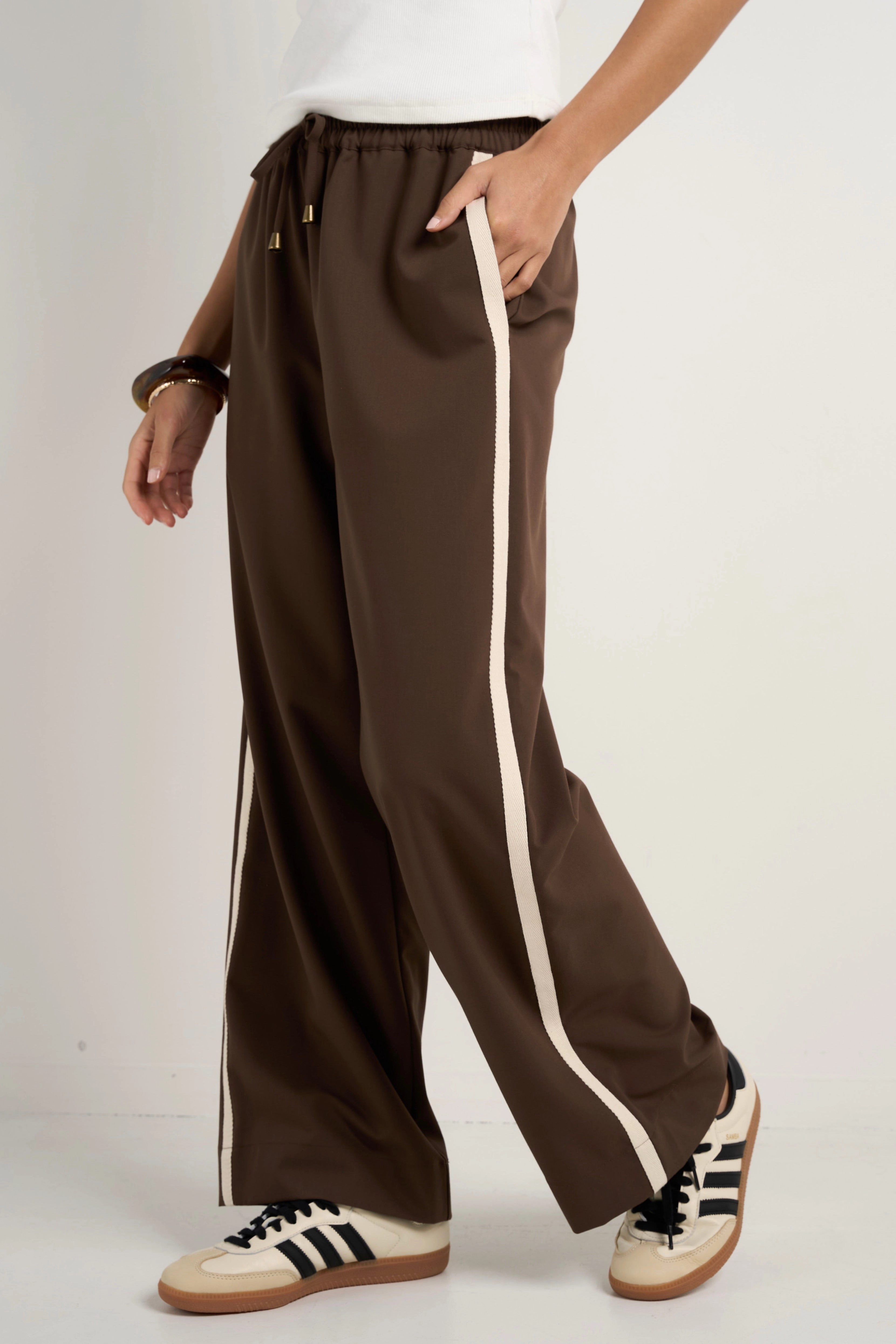 Stretchable Waist Four Way Stretch Townie Chocolate Stripe Side Tape Wide Leg Pants