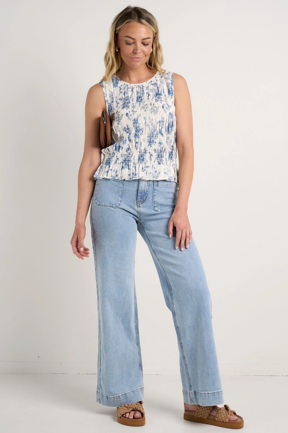 Tuscany Porcelain Print Sleeveless Shell Top Layered Collar Design