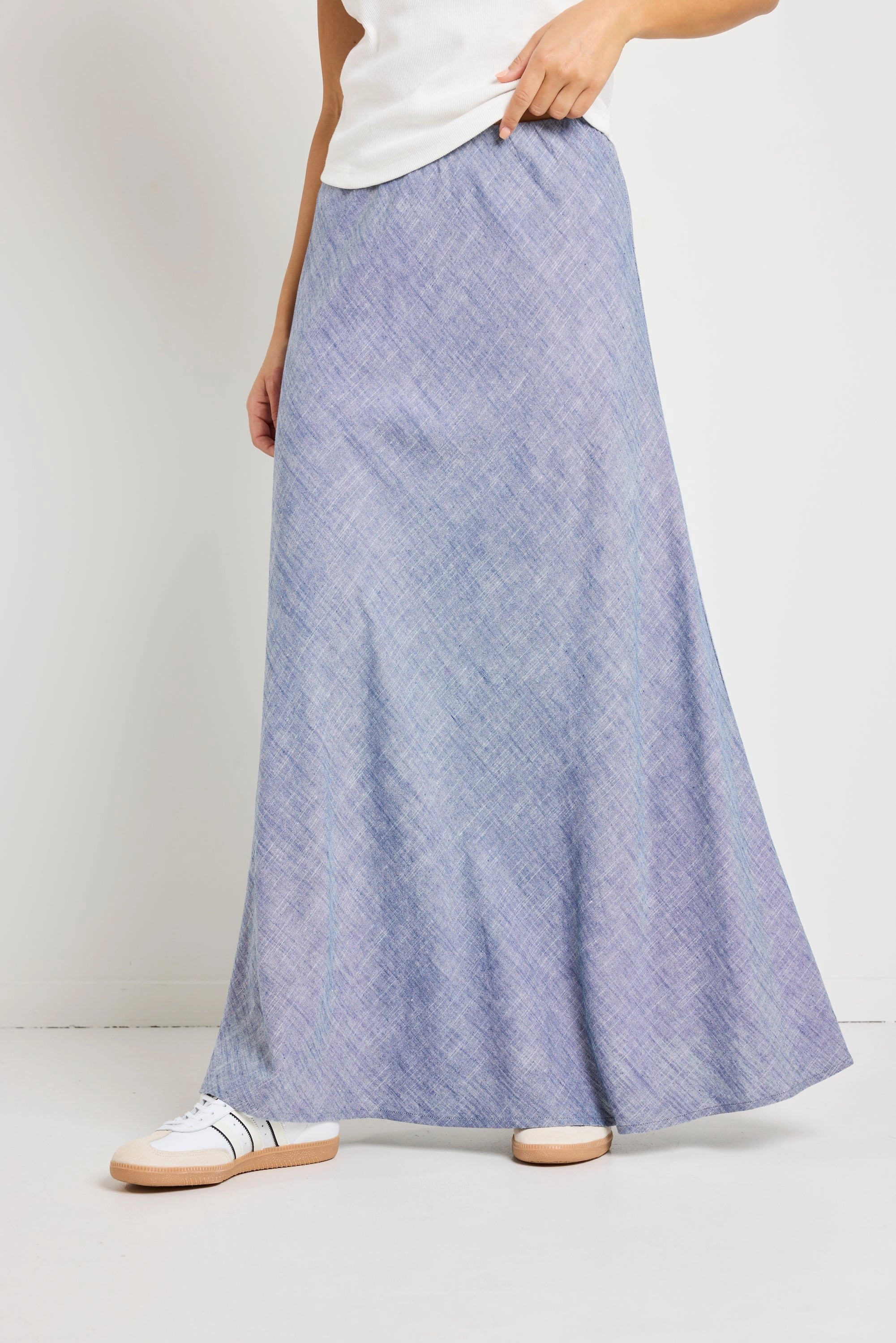 Lagos Chambray Blue Linen Blend Bias Cut Maxi Skirt Modern Tones Spring Must Have
