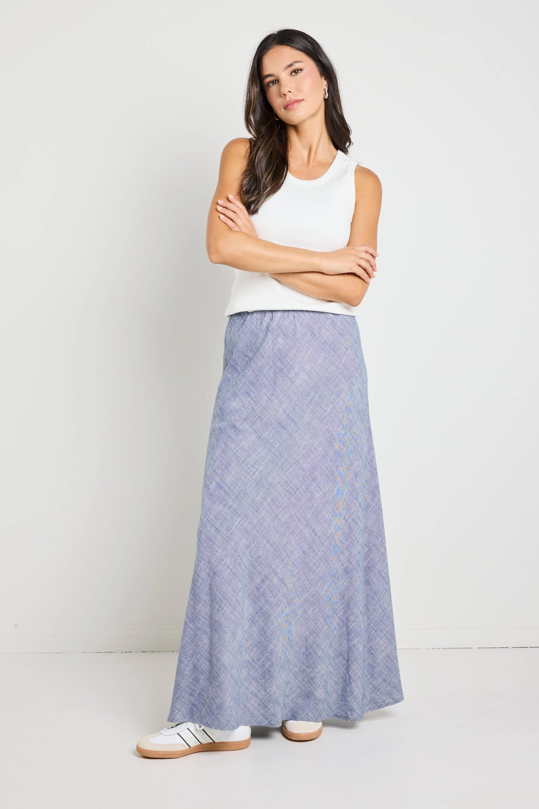 Lagos Chambray Blue Linen Blend Bias Cut Maxi Skirt Sleek Flow