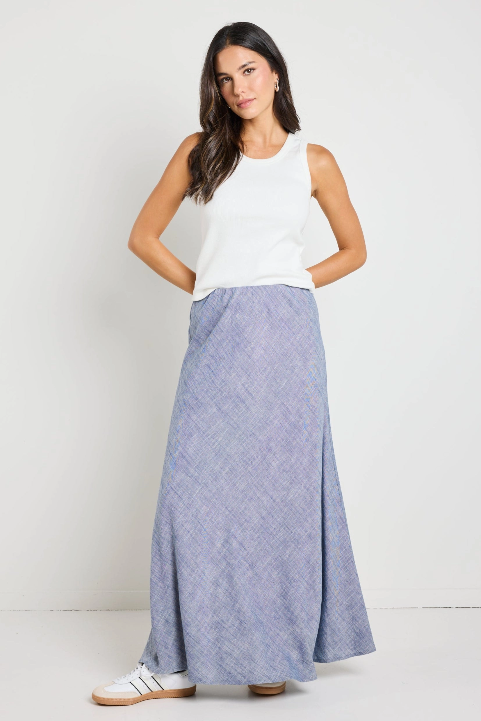Lagos Chambray Blue Linen Blend Bias Cut Maxi Skirt Pleated Construction Elegant Feel